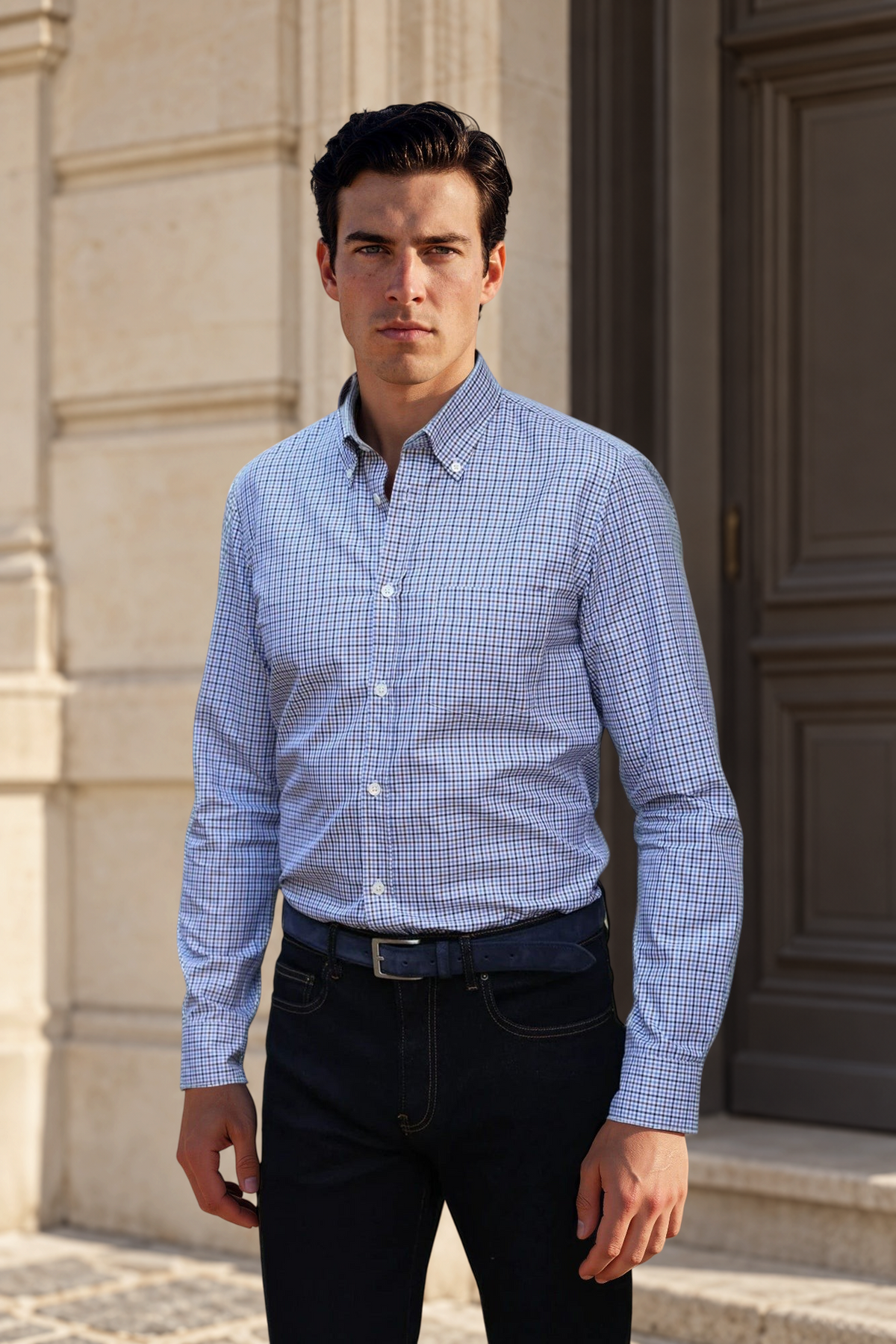 Chemise Clovis en flanelle de coton à carreaux - Bleu et Marron-CHEMISE HOMME-Curling-Paris