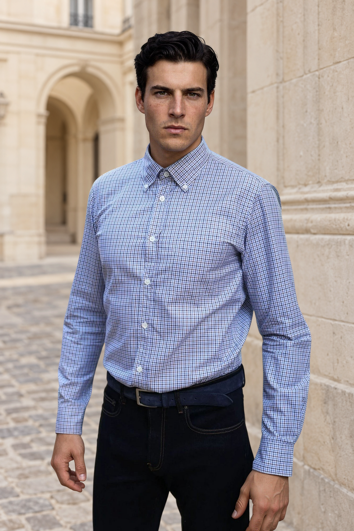 Chemise Clovis en flanelle de coton à carreaux - Bleu et Marron-CHEMISE HOMME-Curling-Paris