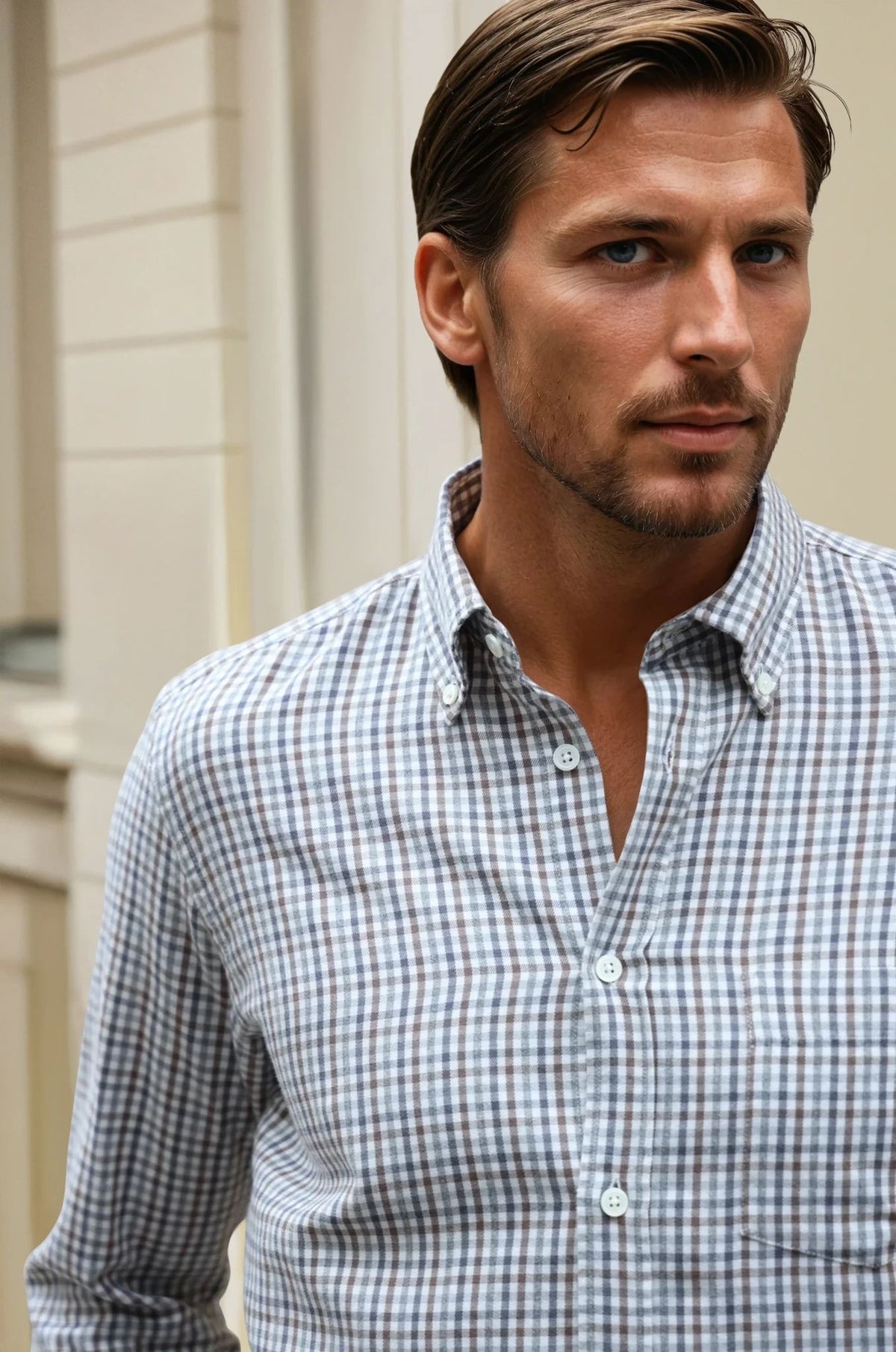 Clovis plaid cotton and Tencel shirt - Brown and grey