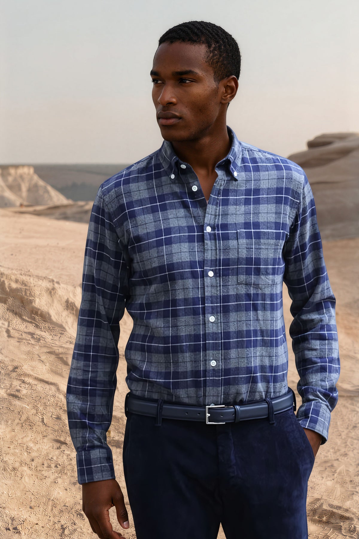 Clovis cotton flannel plaid shirt - Navy