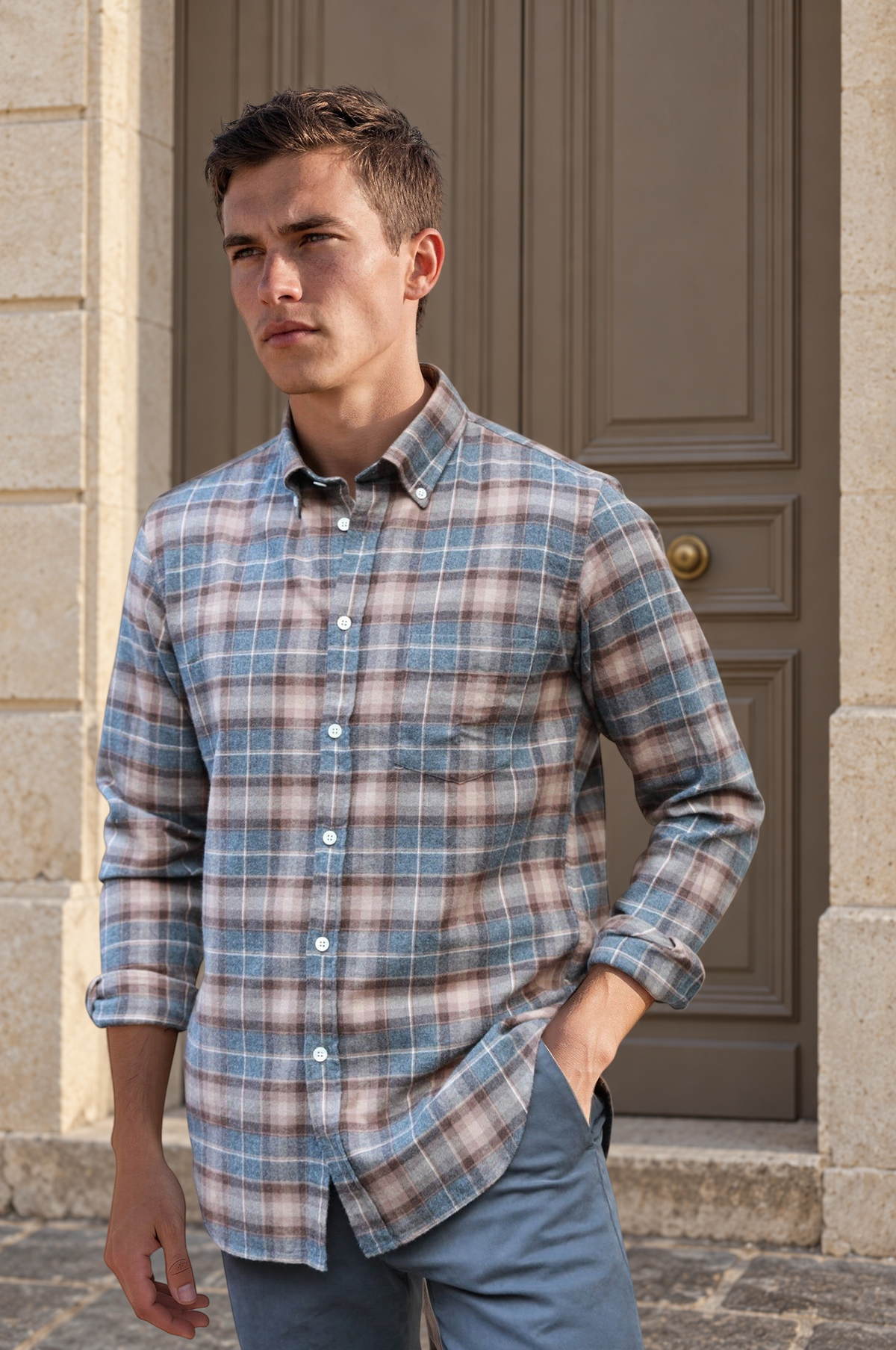 Chemise Clovis en flanelle de coton à carreaux - Marron et gris-CHEMISE HOMME-Curling-Paris