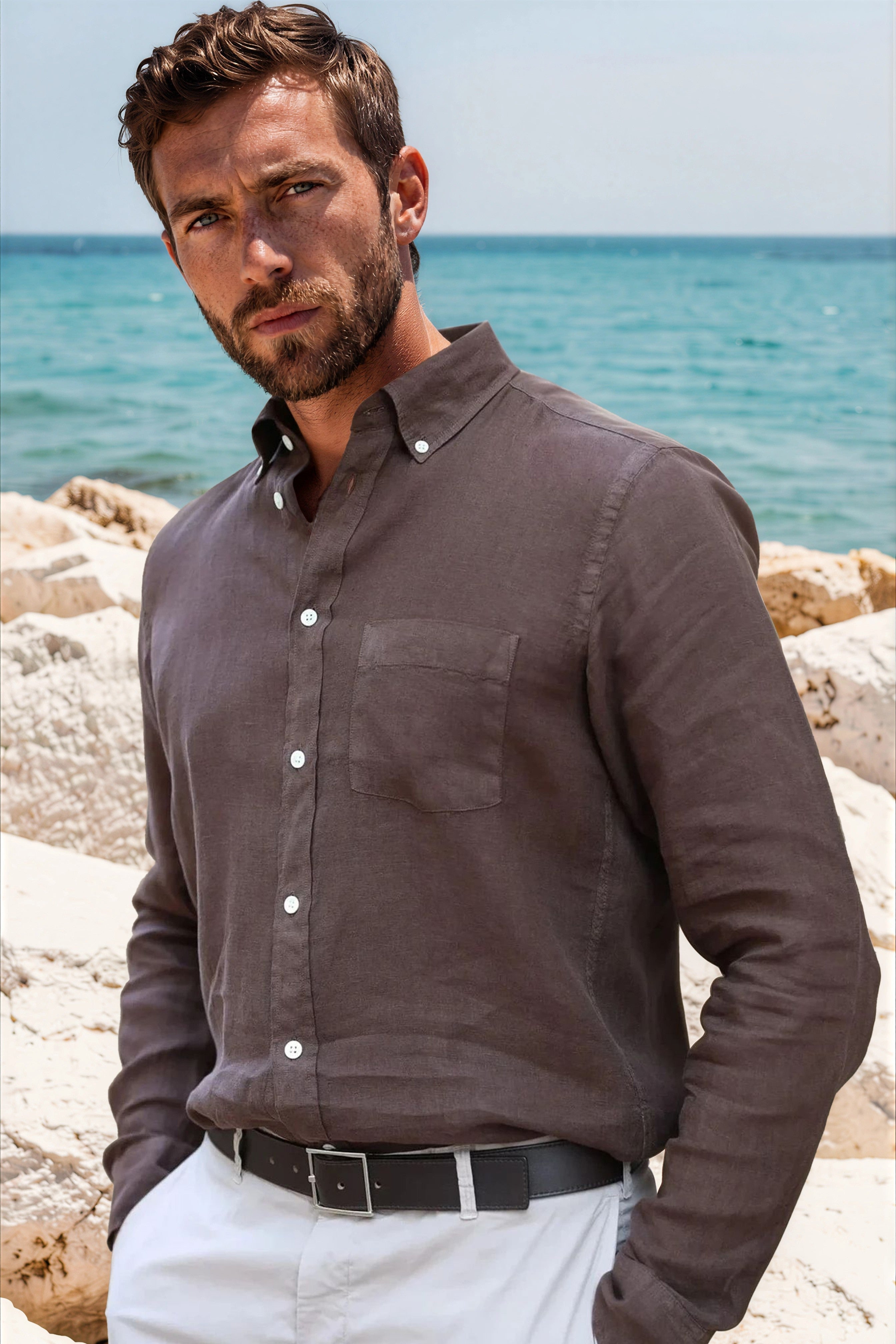 Chemise Clovis en lin - Marron-CHEMISE HOMME-Curling-Paris