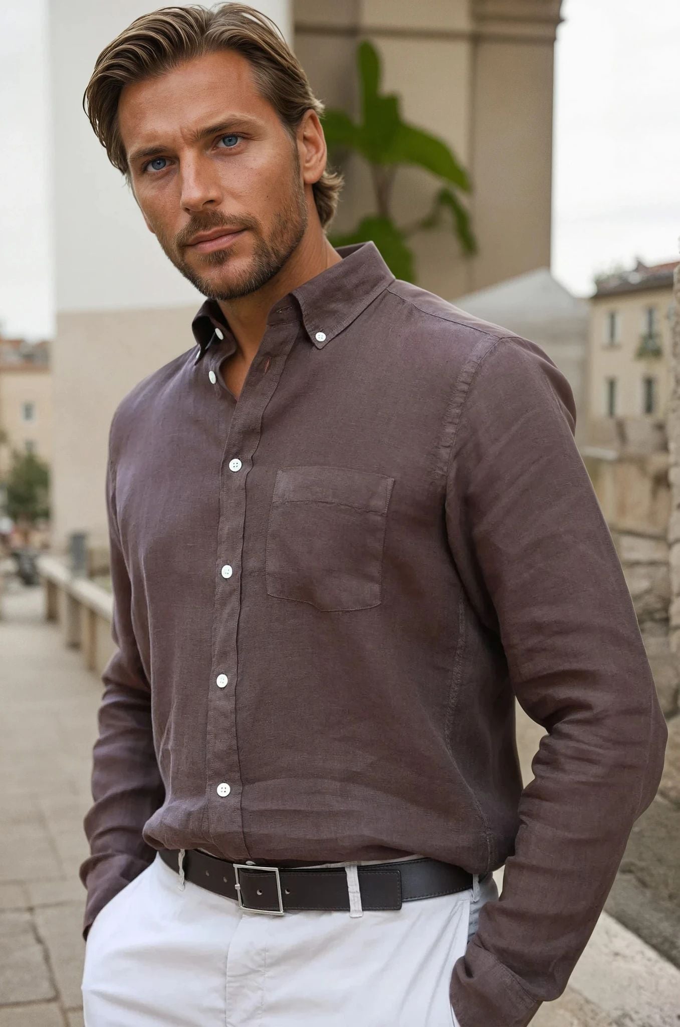 Chemise Clovis en lin - Marron-CHEMISE HOMME-Curling-Paris