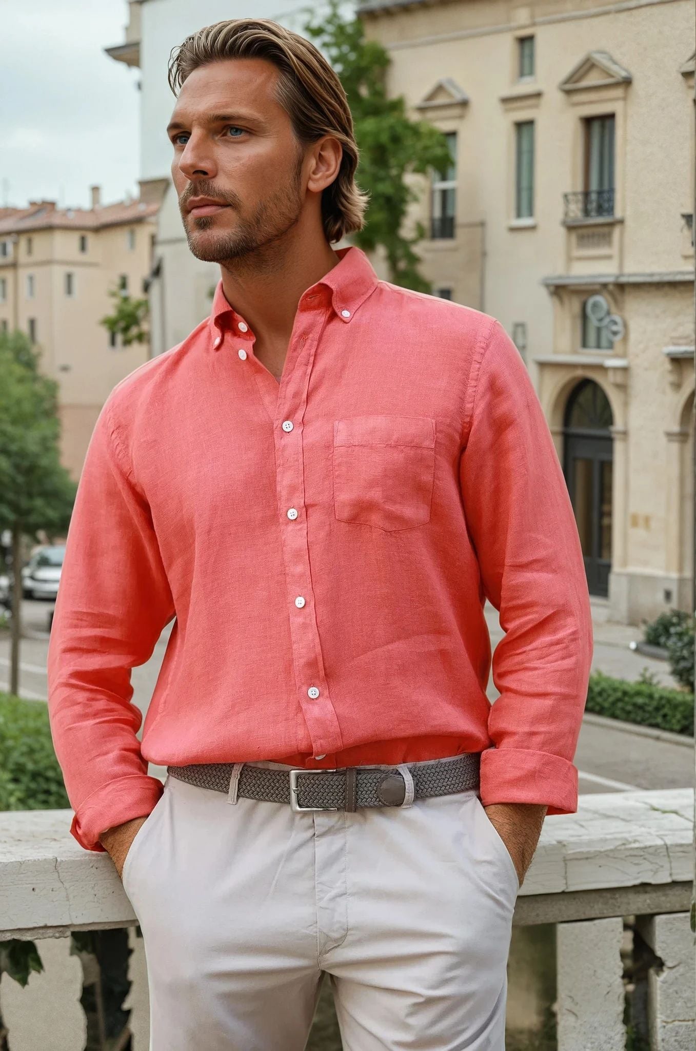 Chemise Clovis en lin - Orange-CHEMISE HOMME-Curling-Paris