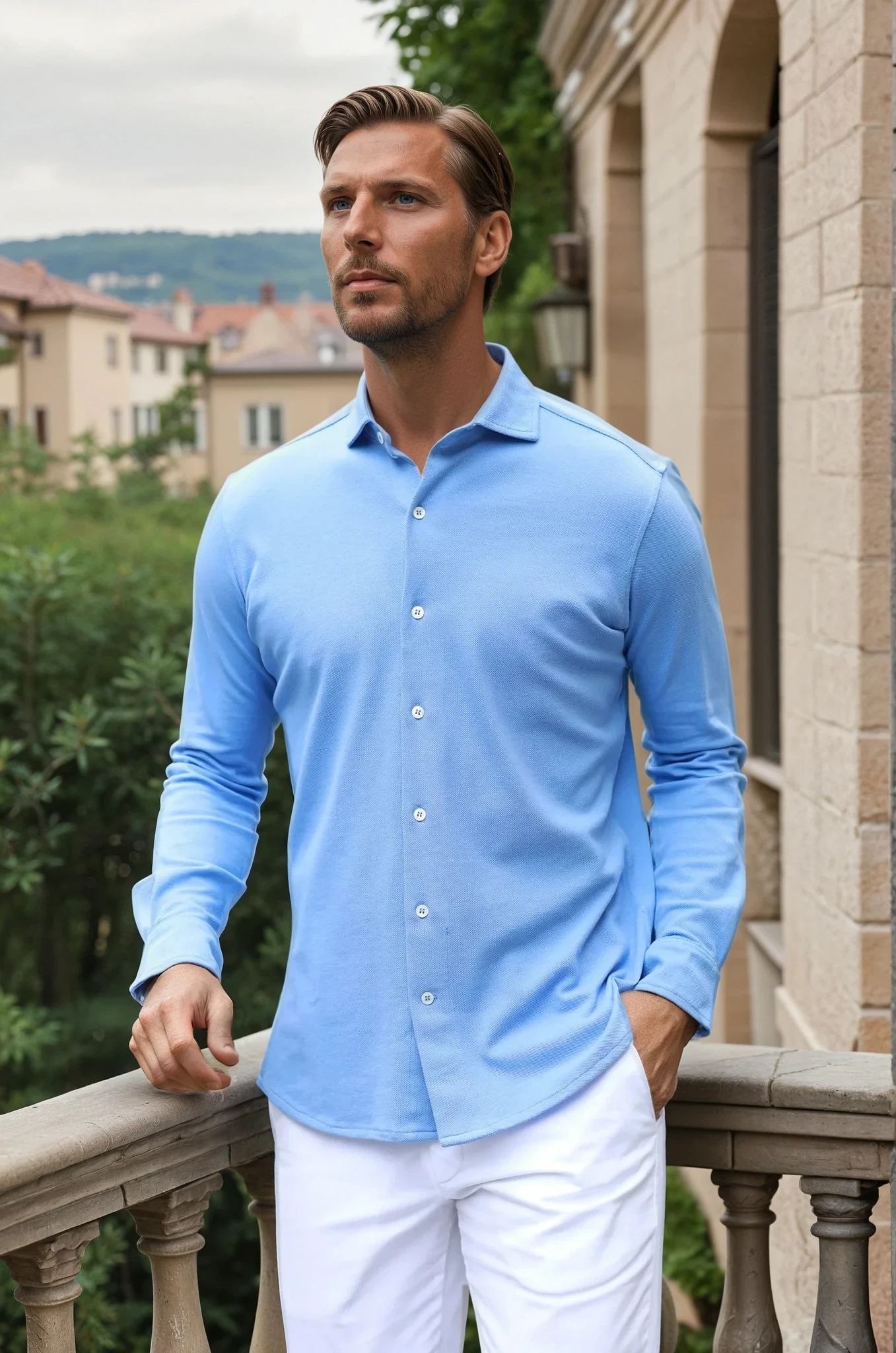 Chemise Enzo en coton piqué - Azur-CHEMISE HOMME-Curling-Paris