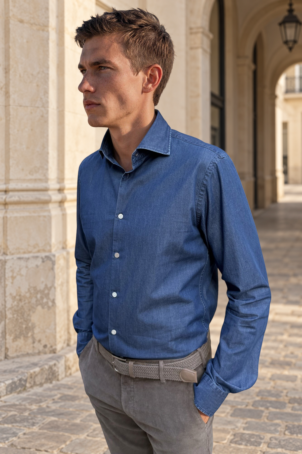 Chemise Gino en coton - Bleu moyen-CHEMISE HOMME-Curling-Paris