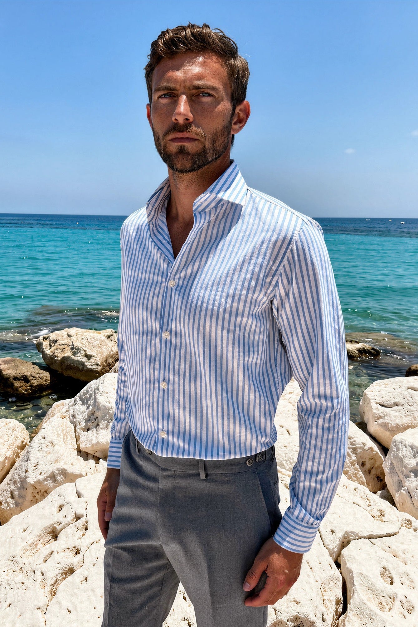 Chemise Gino en coton Oxford - Rayure Bleu-CHEMISE HOMME-Curling-Paris