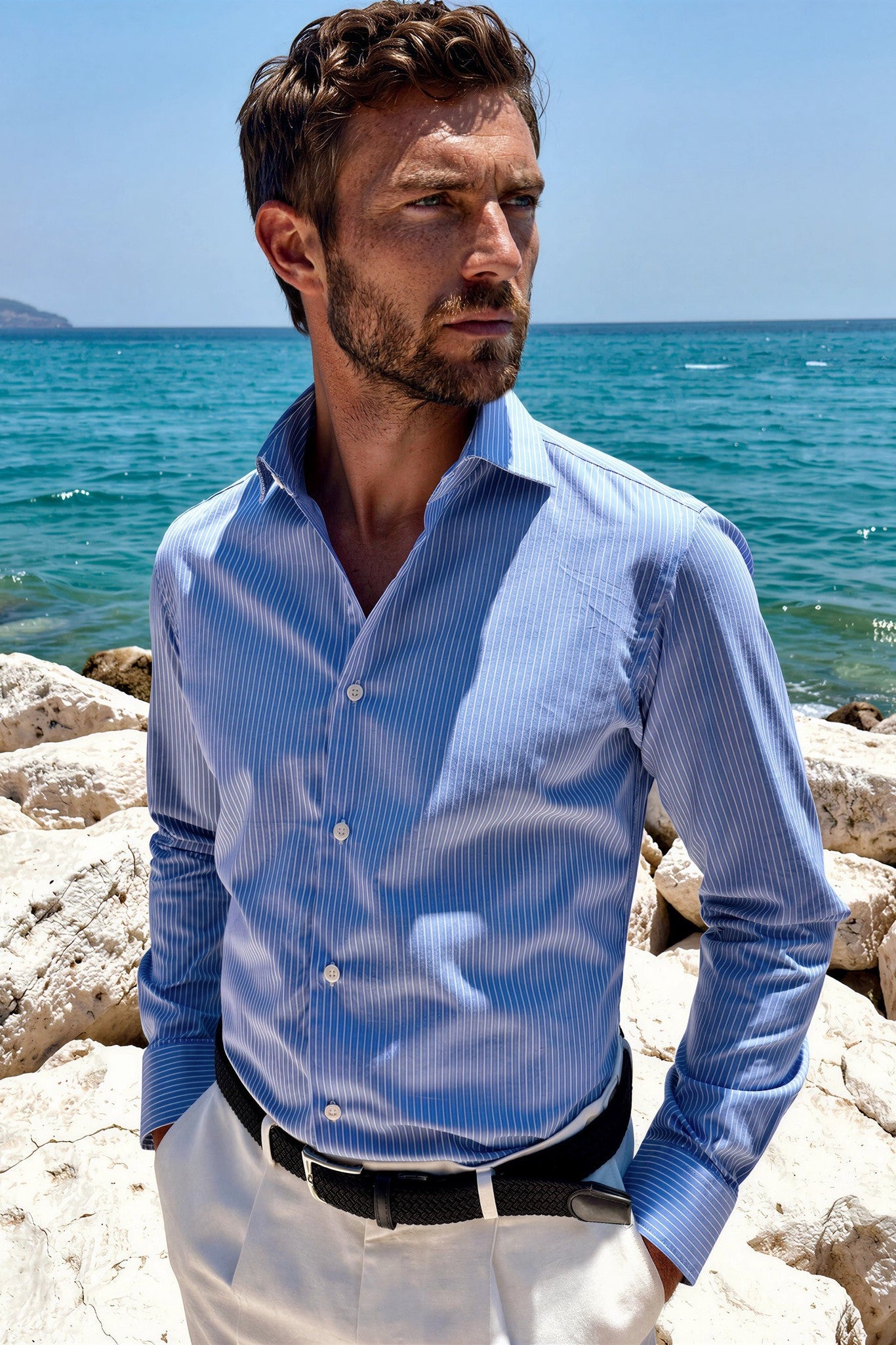 Chemise Gino en coton à rayures fines - Bleu-CHEMISE HOMME-Curling-Paris