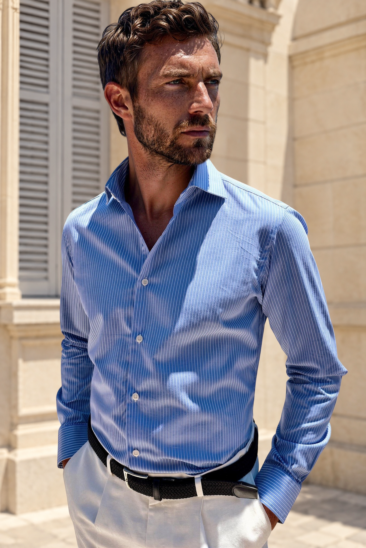 Chemise Gino en coton à rayures fines - Bleu-CHEMISE HOMME-Curling-Paris