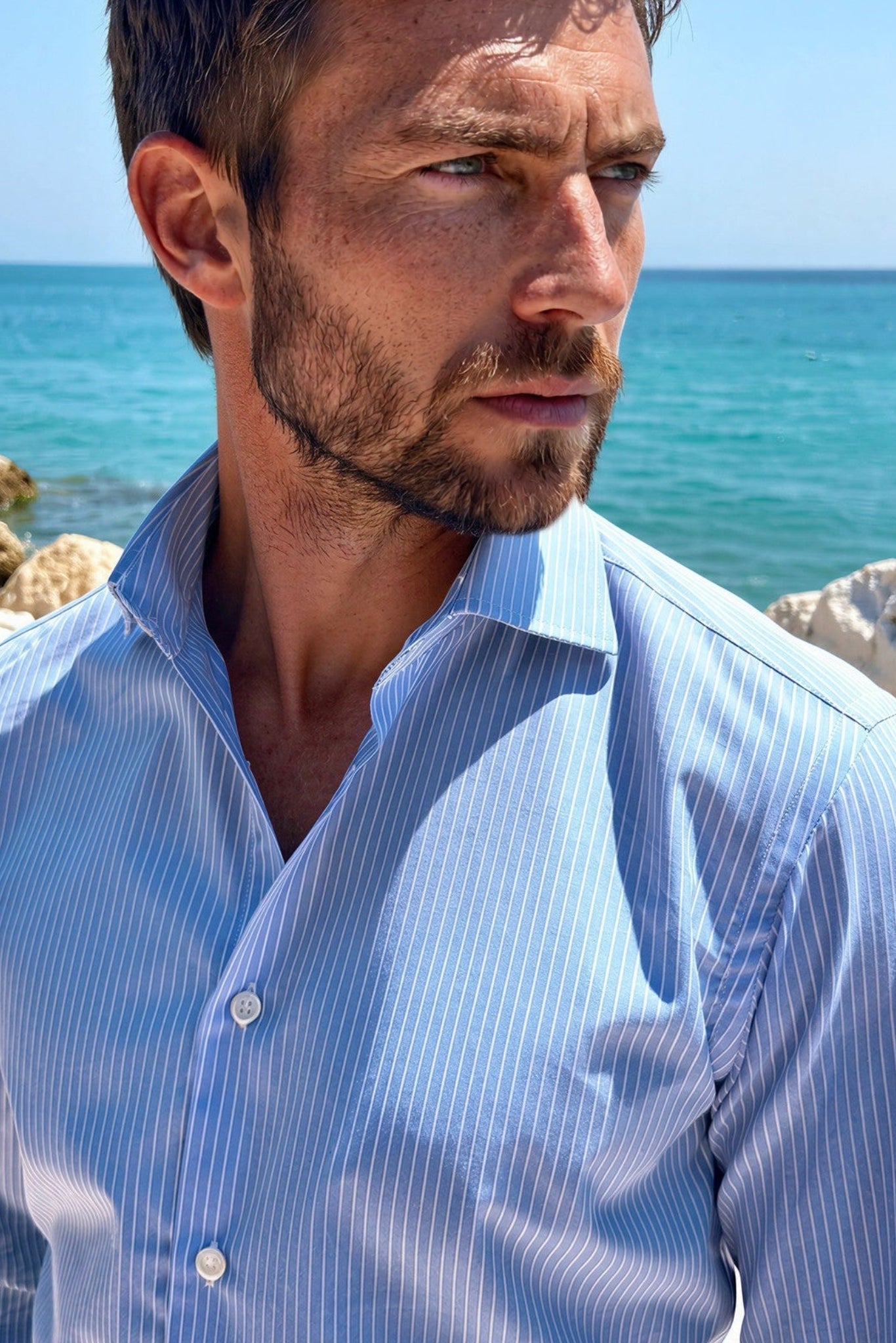 Chemise Gino en coton à rayures fines - Bleu-CHEMISE HOMME-Curling-Paris