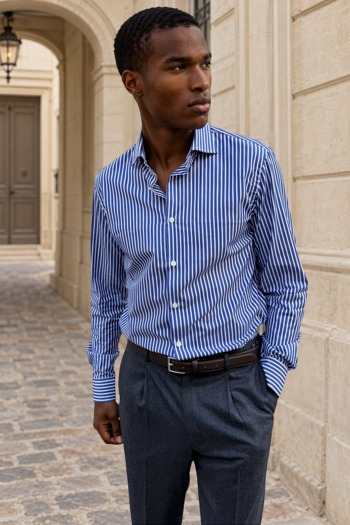 Chemise Gino en coton à rayures larges - Bleu-CHEMISE HOMME-Curling-Paris