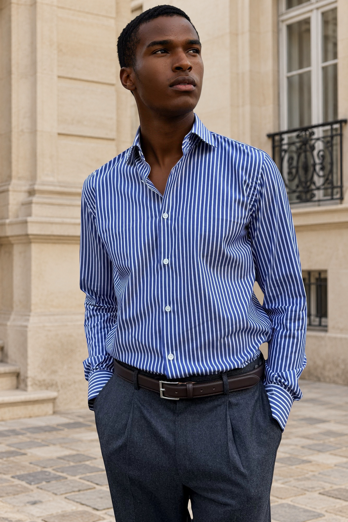 Chemise Gino en coton à rayures larges - Bleu-CHEMISE HOMME-Curling-Paris