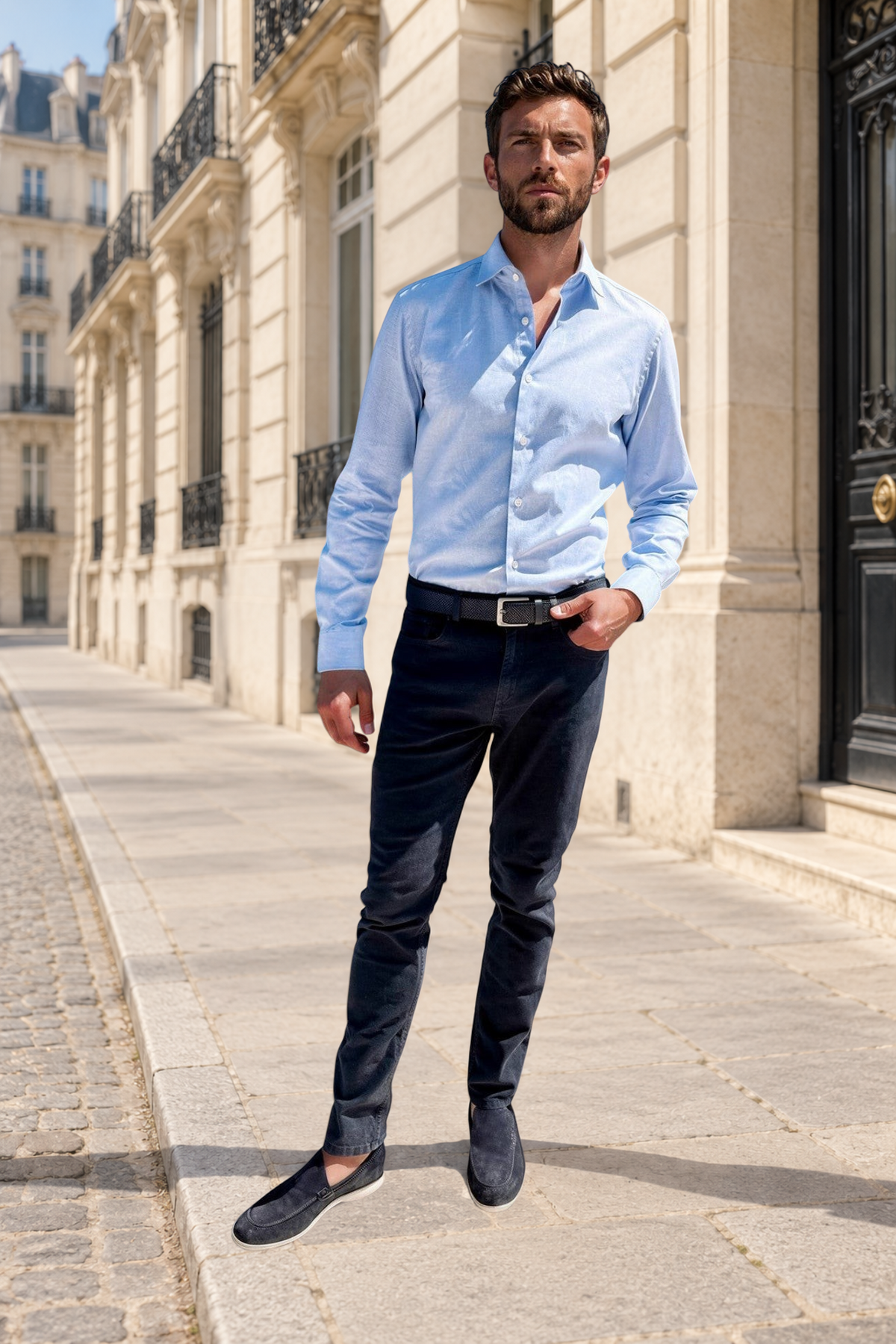 Chemise Gino en coton pied de poule - Ciel-CHEMISE HOMME-Curling-Paris