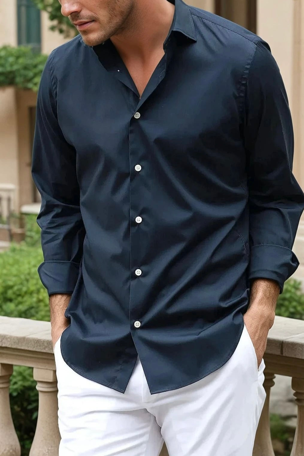 Chemise Gio col italien en coton technique - Marine-CHEMISE HOMME-Curling-Paris