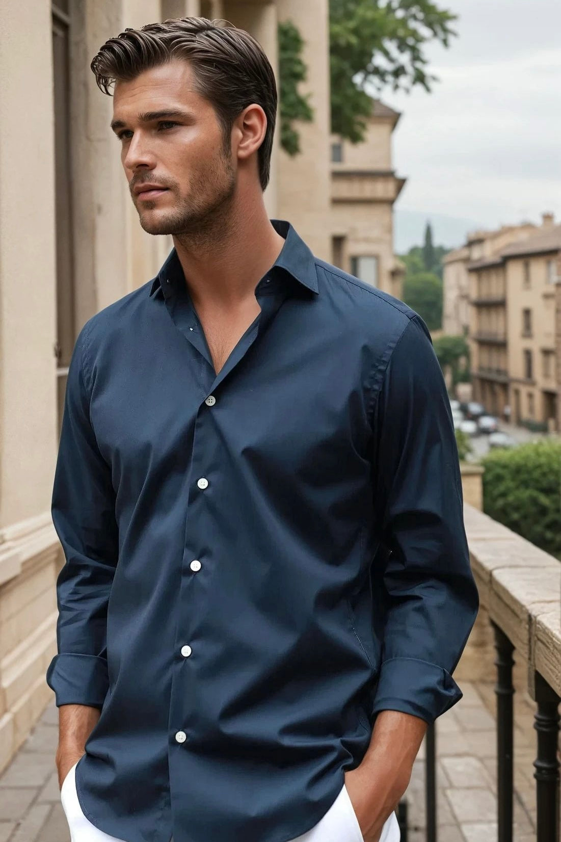 Chemise Gio col italien en coton technique - Marine-CHEMISE HOMME-Curling-Paris