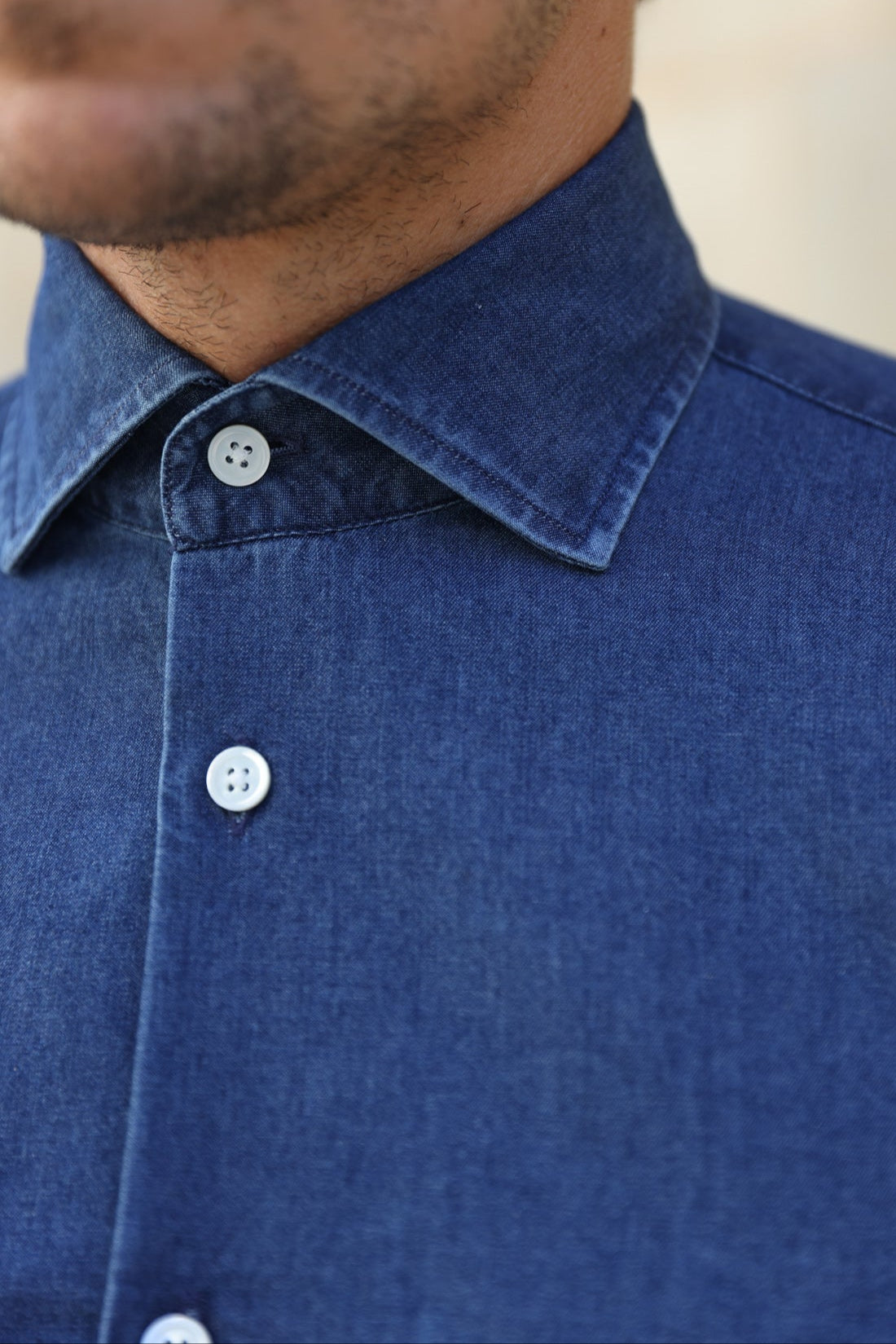 Chemise Gio col italien en jean - Bleu-CHEMISE HOMME-Curling-Paris