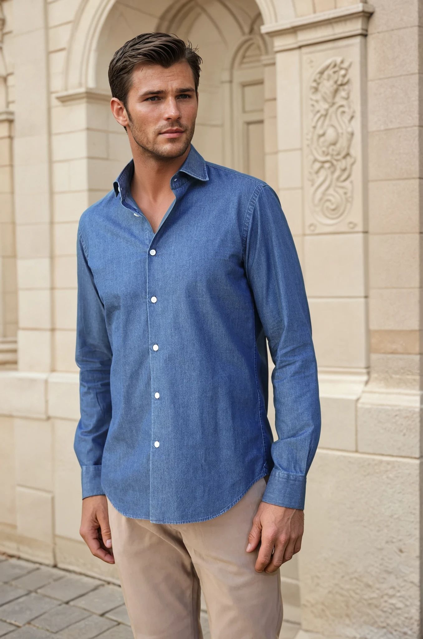 Chemise Gio col italien en jean - Bleu-CHEMISE HOMME-Curling-Paris