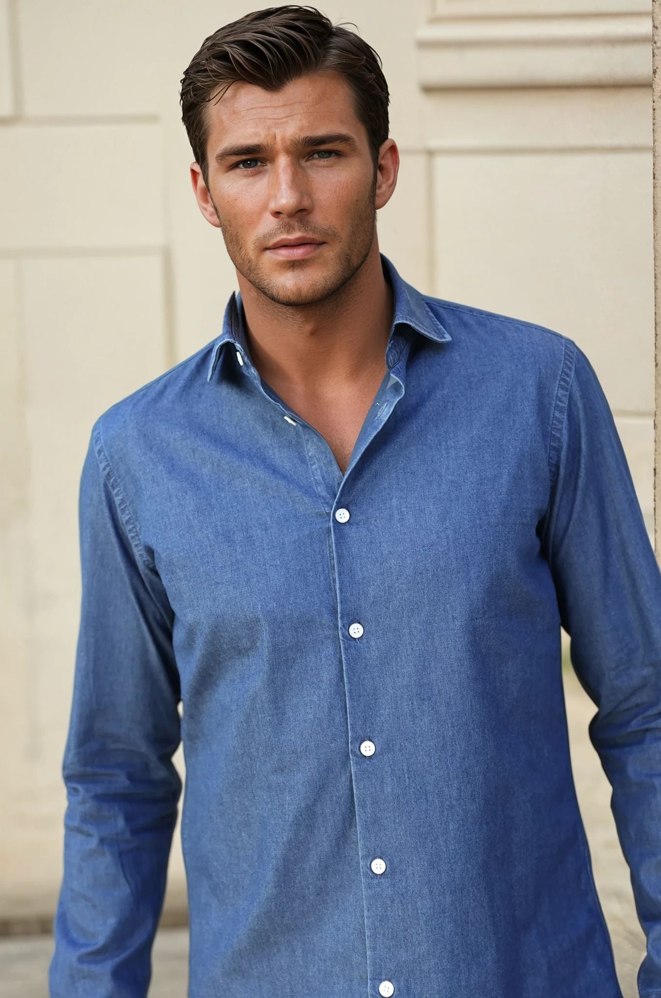 Chemise Gio col italien en jean - Bleu-CHEMISE HOMME-Curling-Paris