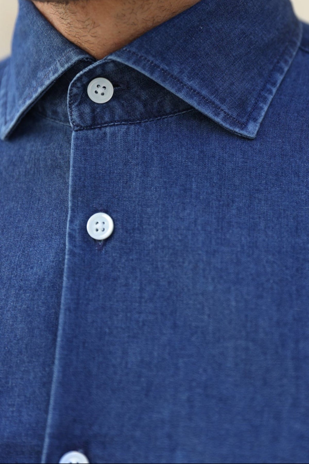 Chemise Gio col italien en jean - Bleu-CHEMISE HOMME-Curling-Paris