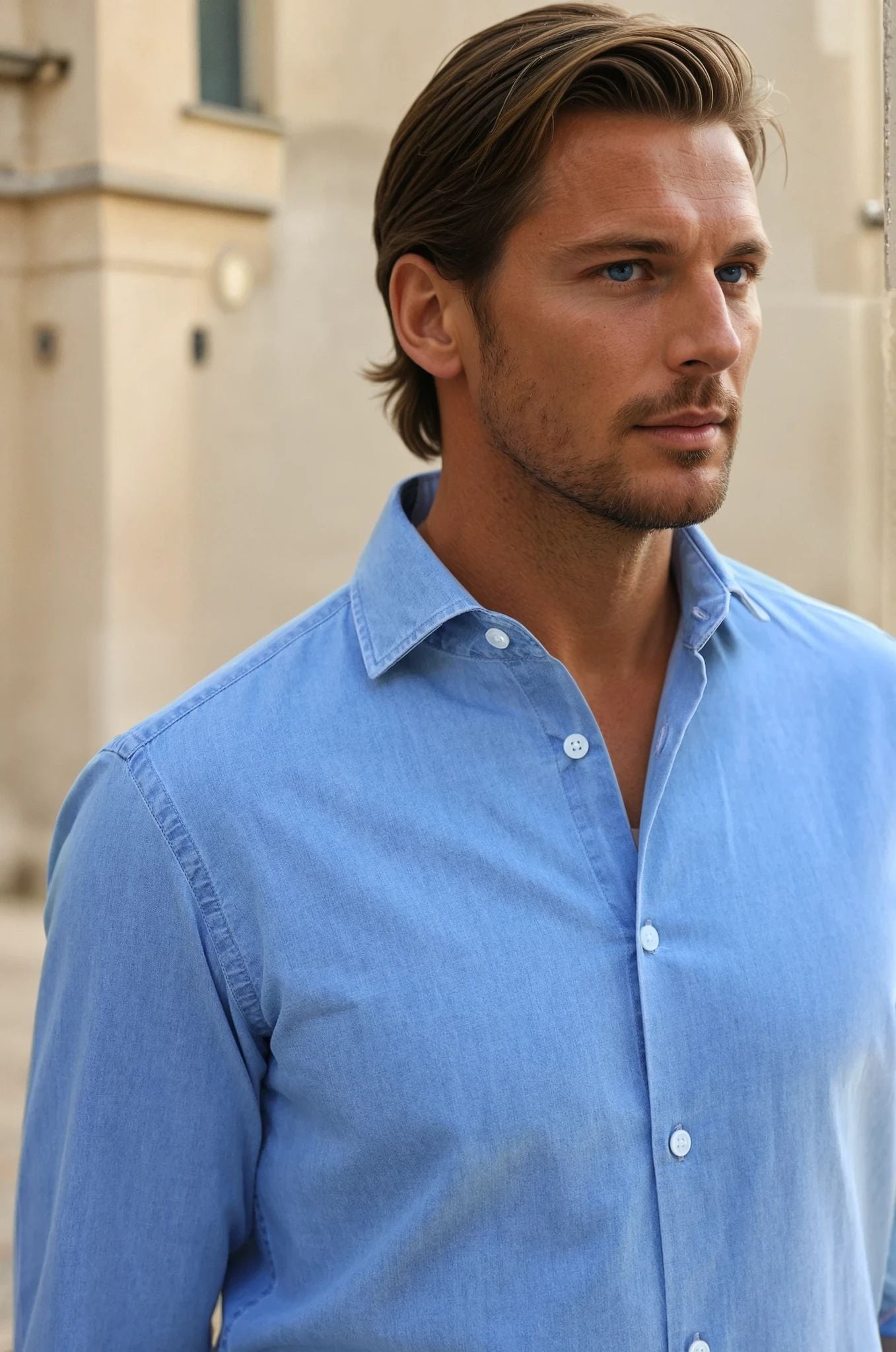Chemise Gio col italien en jean - Bleu clair-CHEMISE HOMME-Curling-Paris