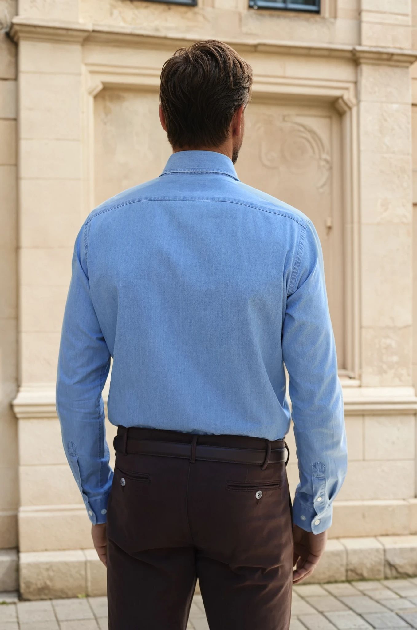 Chemise Gio col italien en jean - Bleu clair-CHEMISE HOMME-Curling-Paris