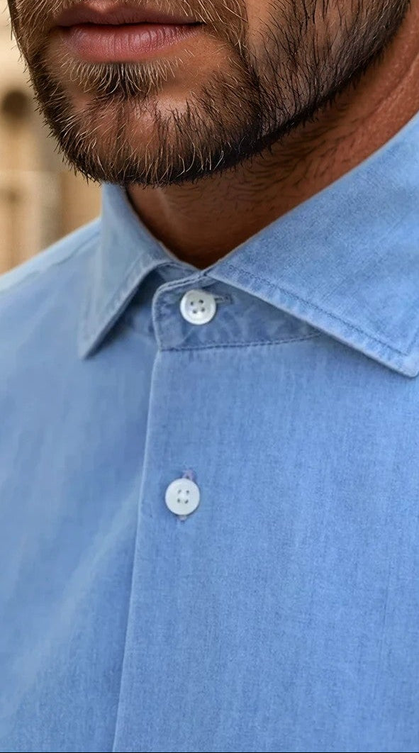 Chemise Gio col italien en jean - Bleu clair-CHEMISE HOMME-Curling-Paris