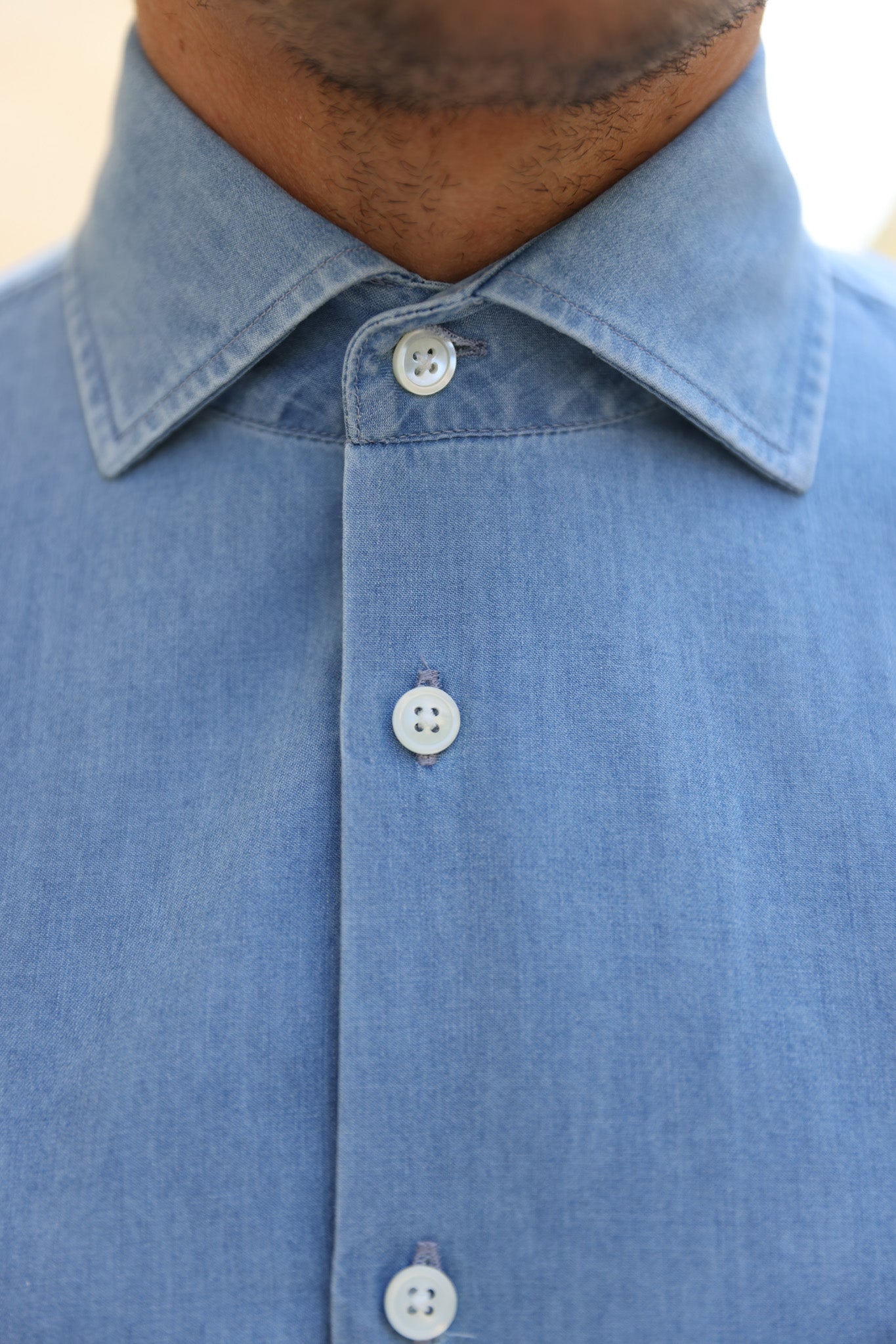 Chemise Gio col italien en jean - Bleu clair-CHEMISE HOMME-Curling-Paris