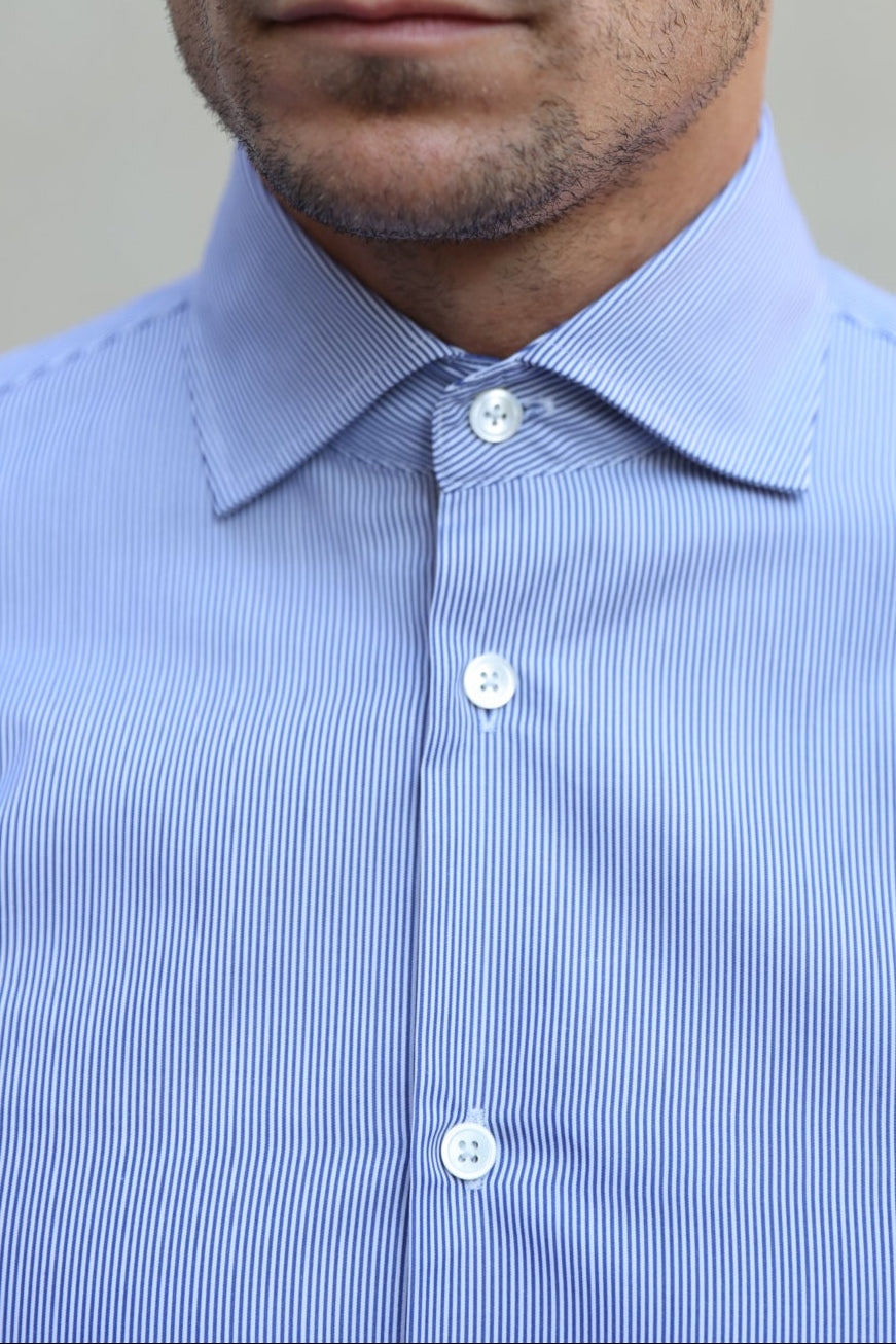 Chemise Gio en coton à rayures fines - Marine-CHEMISE HOMME-Curling-Paris