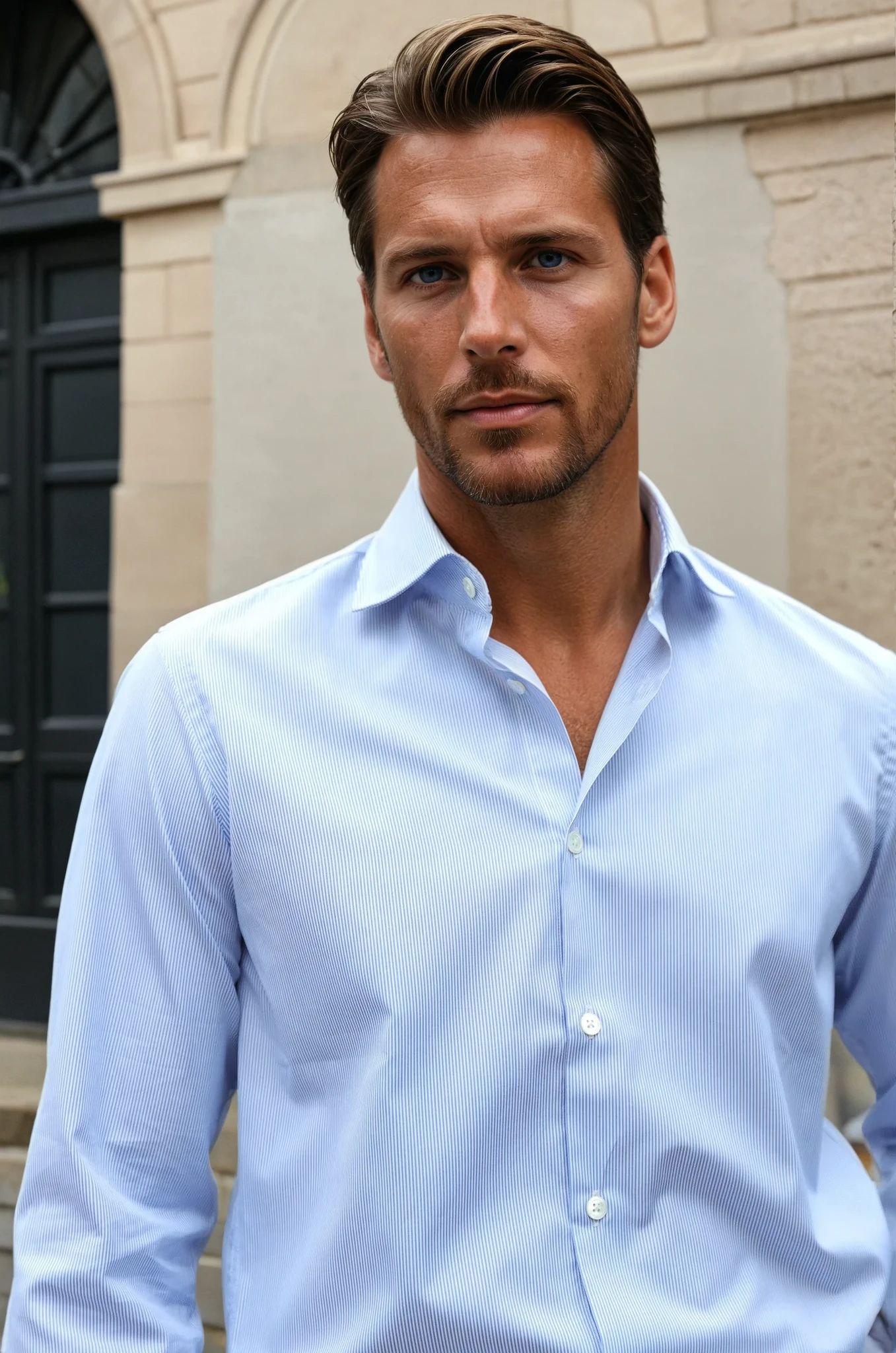 Chemise Gio en popeline de coton - Fine rayure ciel-CHEMISE HOMME-Curling-Paris