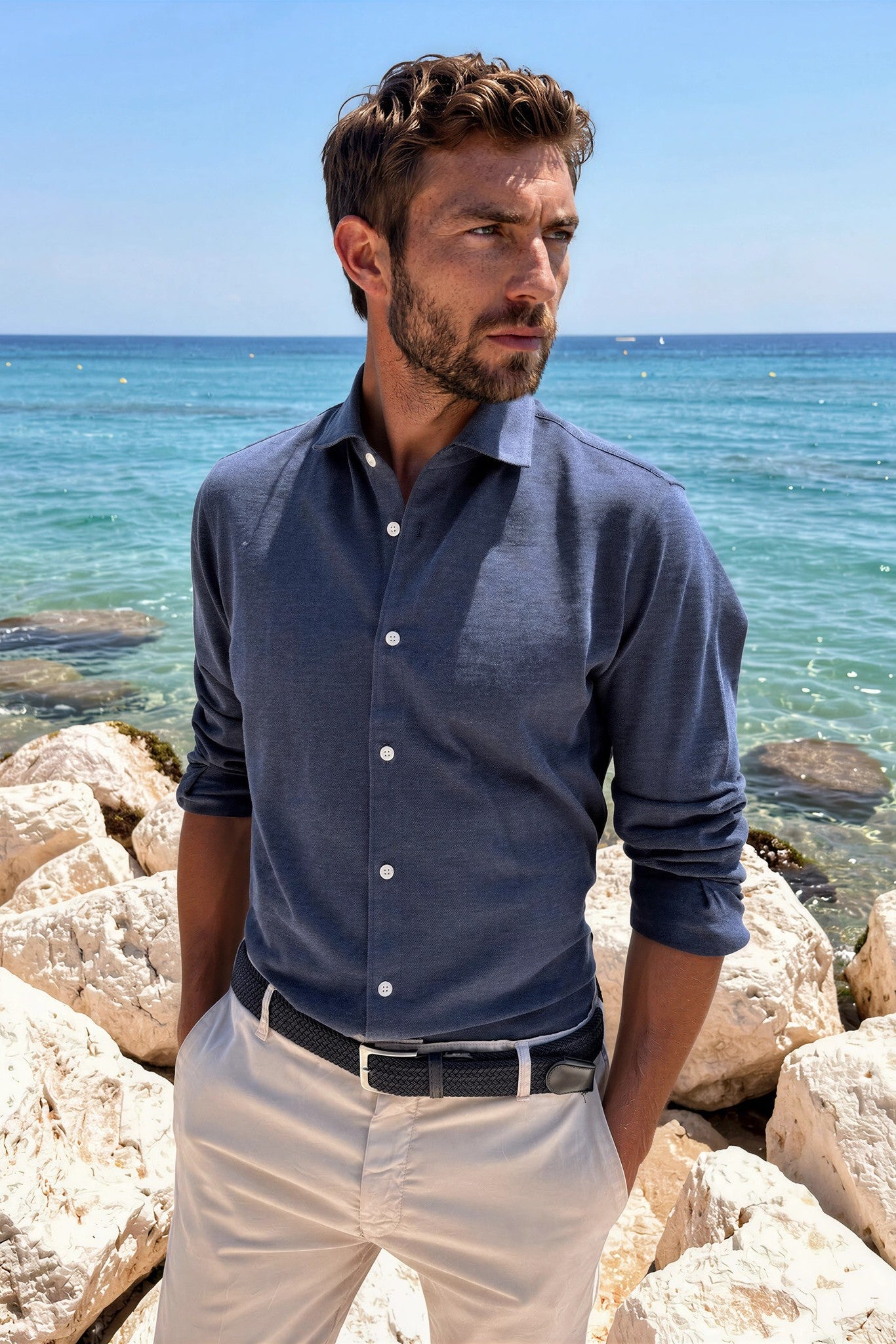 Chemise Hugo en coton piqué - Marine-CHEMISE HOMME-Curling-Paris