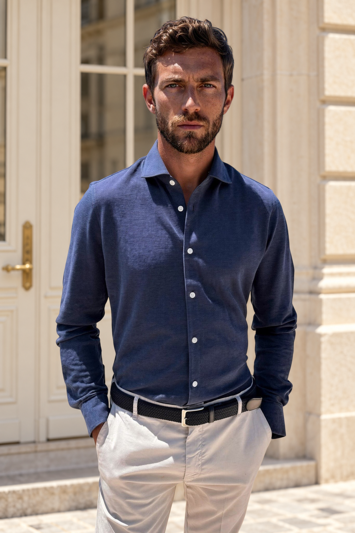 Chemise Hugo en coton piqué - Marine-CHEMISE HOMME-Curling-Paris