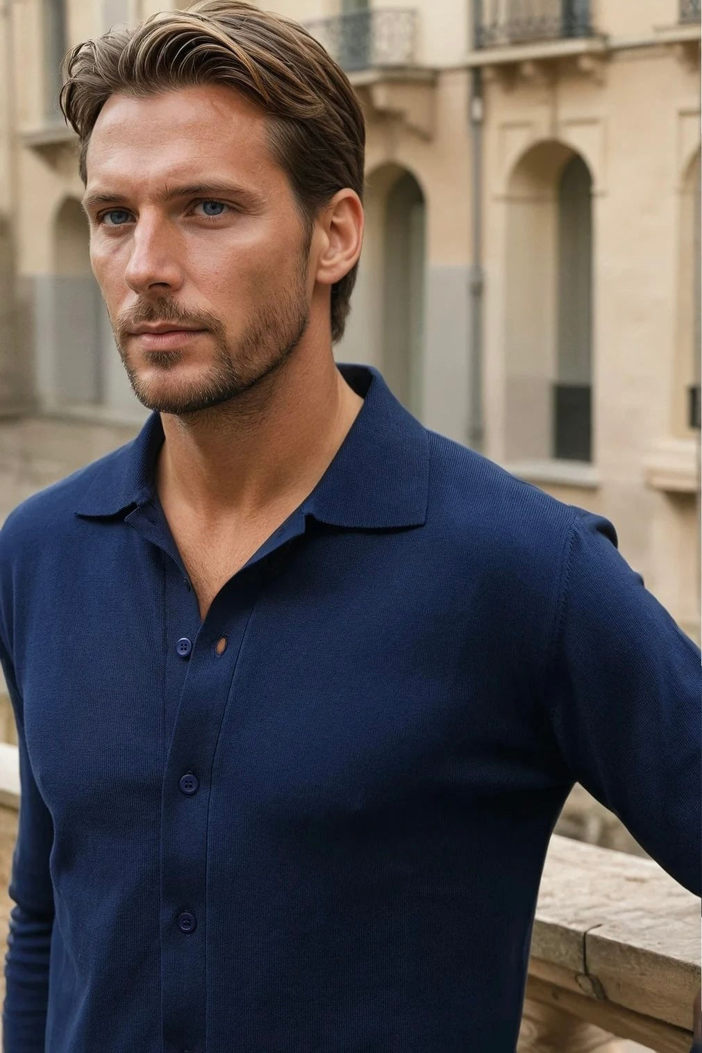 Chemise Paolo en maille de coton - Marine-CHEMISE HOMME-Curling-Paris