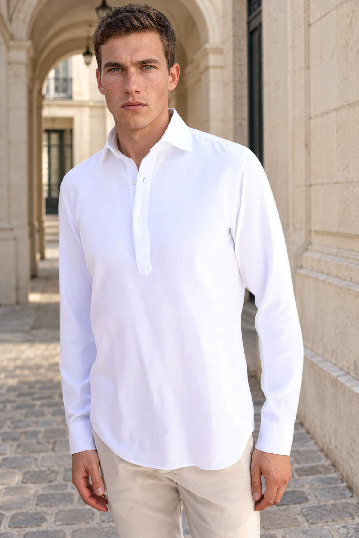 Chemise Popover en flanelle de coton - Blanc-CHEMISE HOMME-Curling-Paris