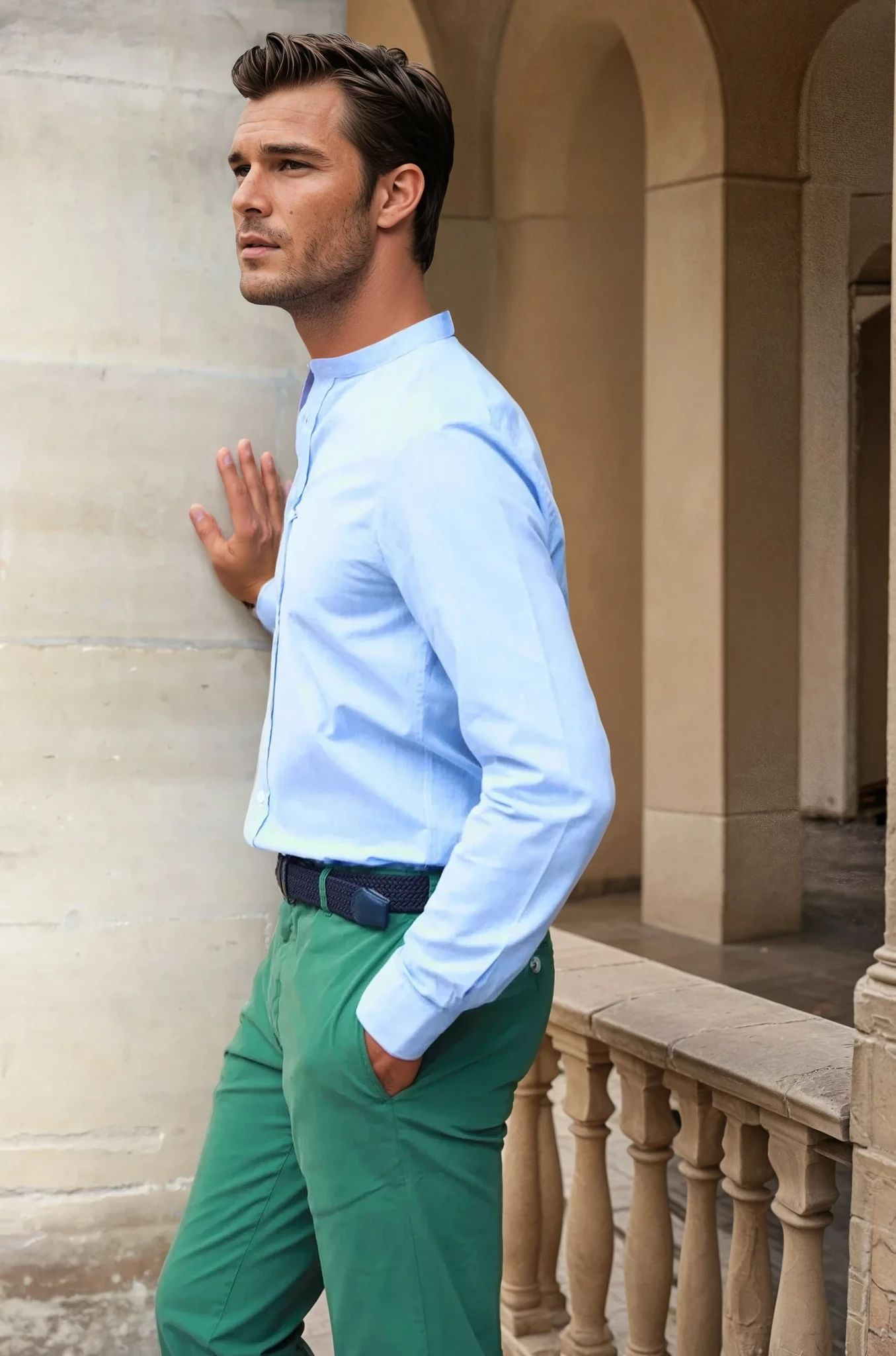 Chemise col mao en coton & lin - ciel-CHEMISE HOMME-Curling-Paris