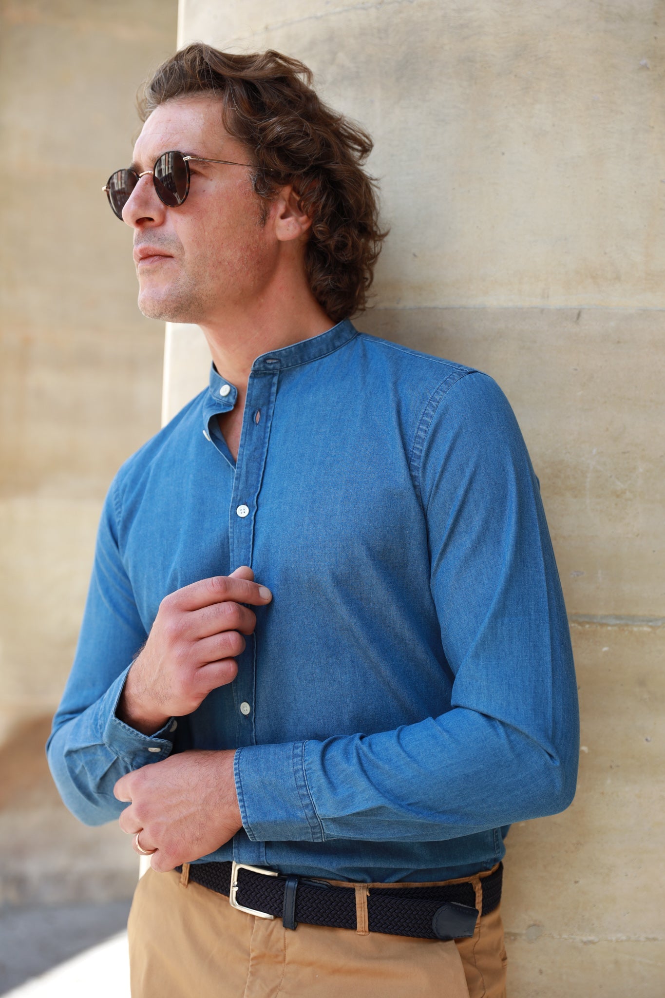 Chemise col mao en jeans - Bleu denim-CHEMISE HOMME-Curling-Paris