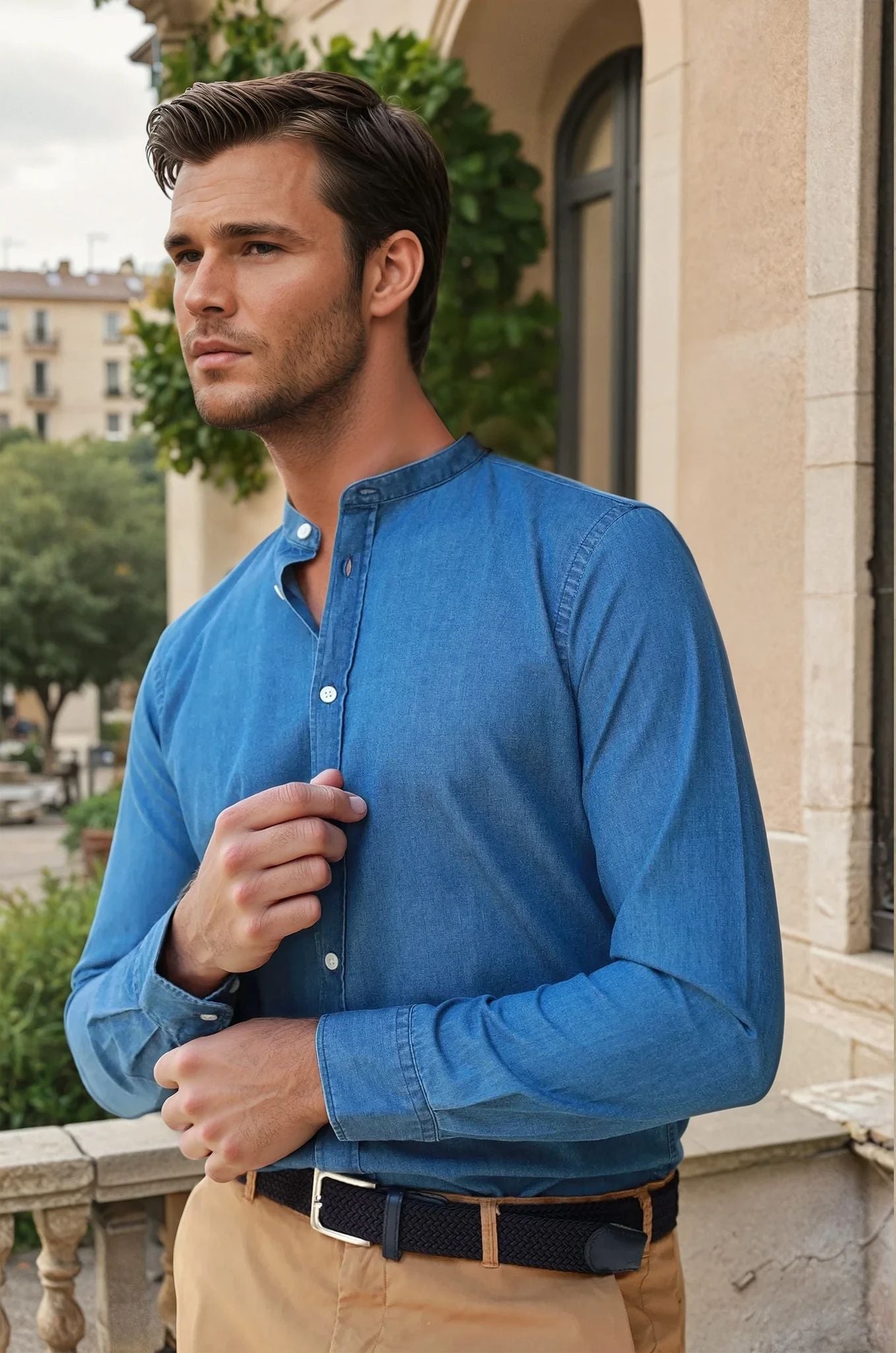 Chemise col mao en jeans - Bleu denim-CHEMISE HOMME-Curling-Paris