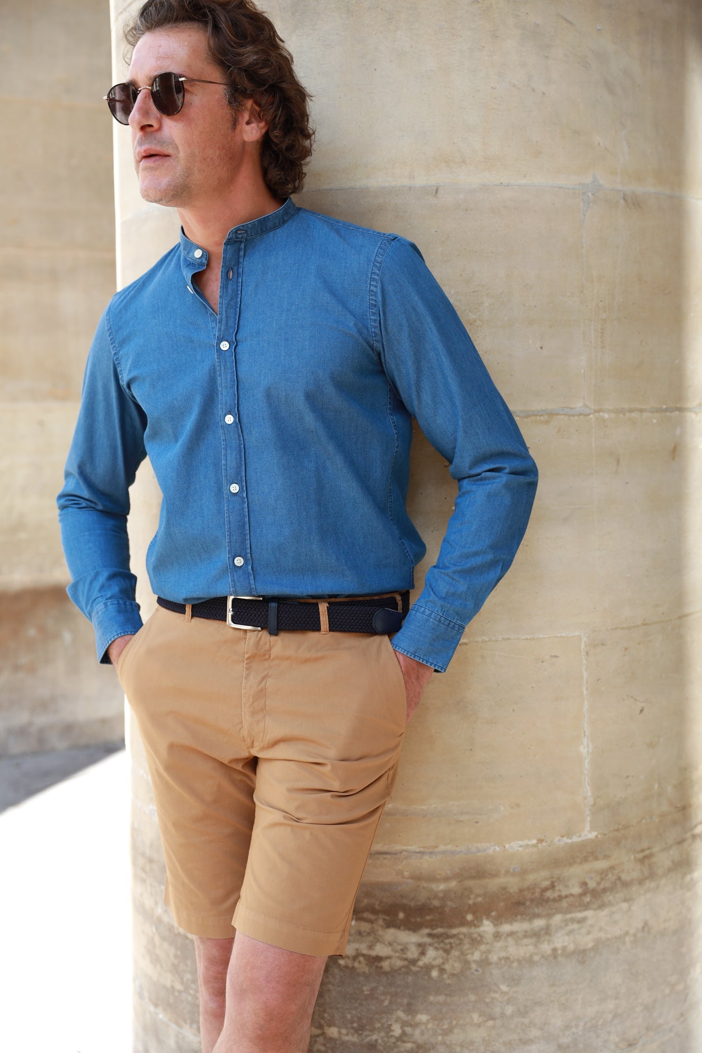 Chemise col mao en jeans - Bleu denim-CHEMISE HOMME-Curling-Paris