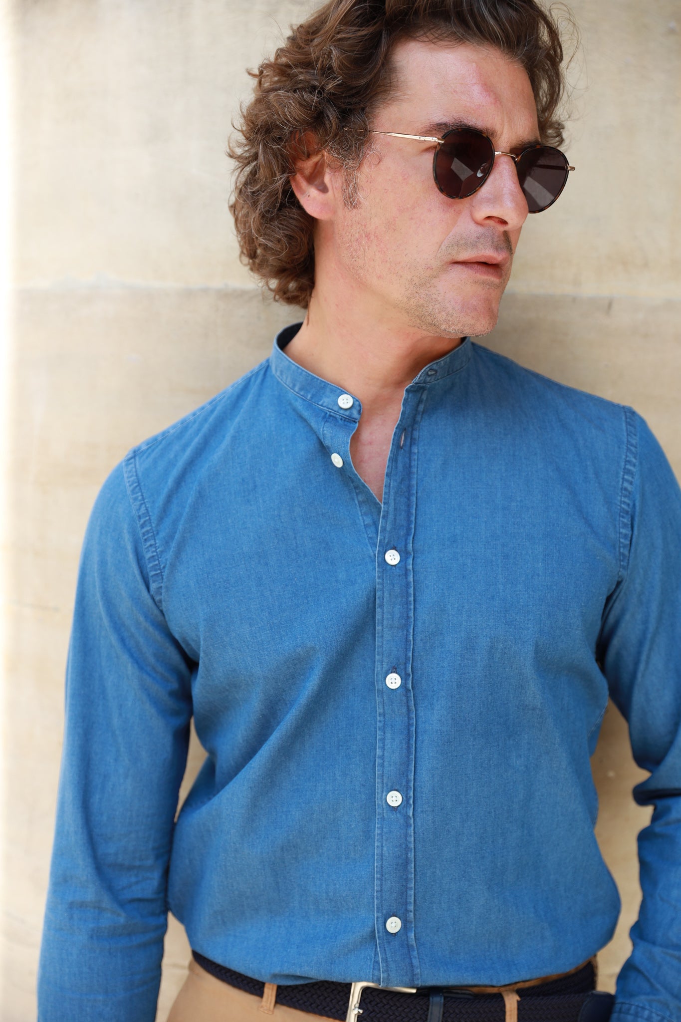 Chemise col mao en jeans - Bleu denim-CHEMISE HOMME-Curling-Paris