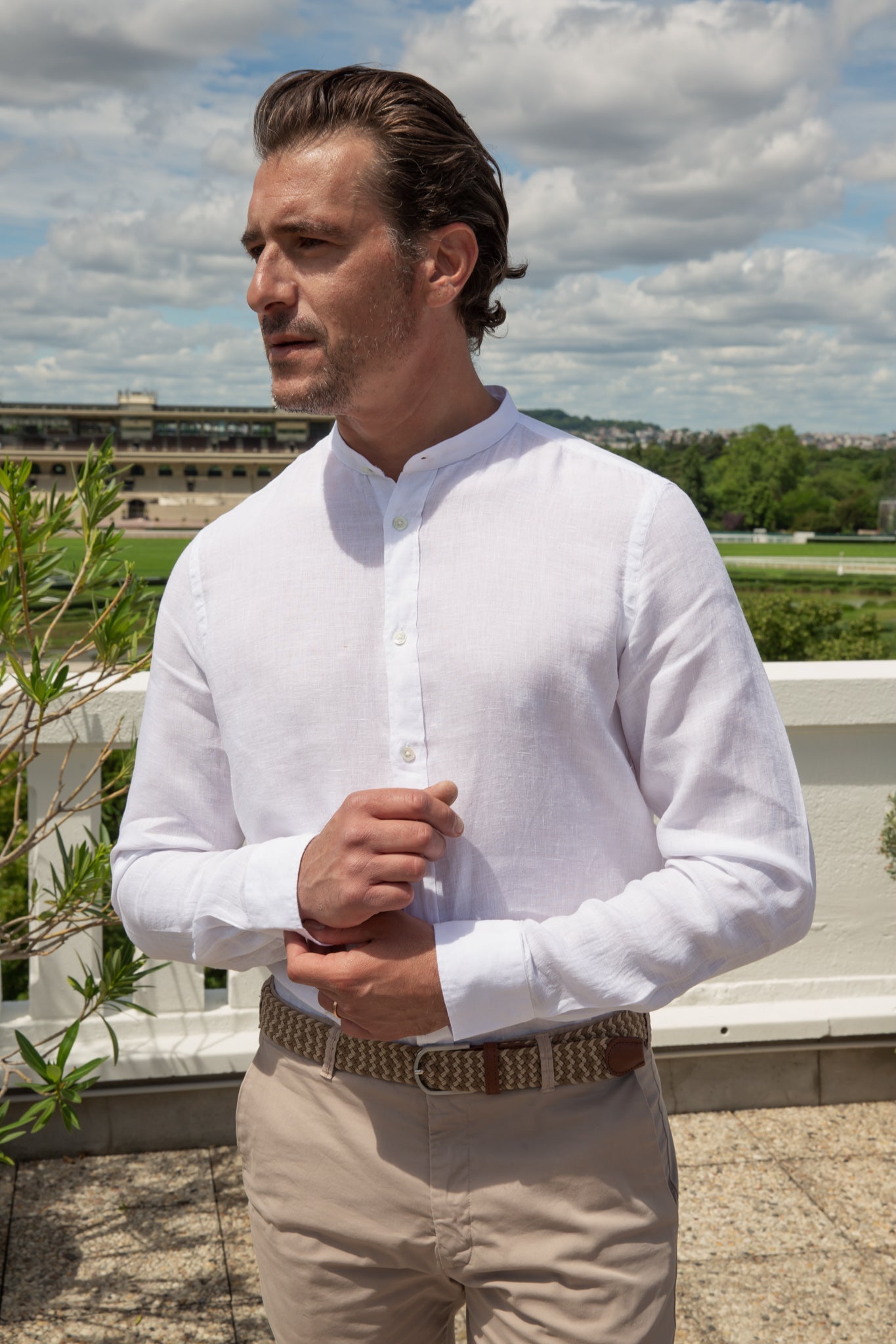 Chemise col mao en lin - Blanc-CHEMISE HOMME-Curling-Paris