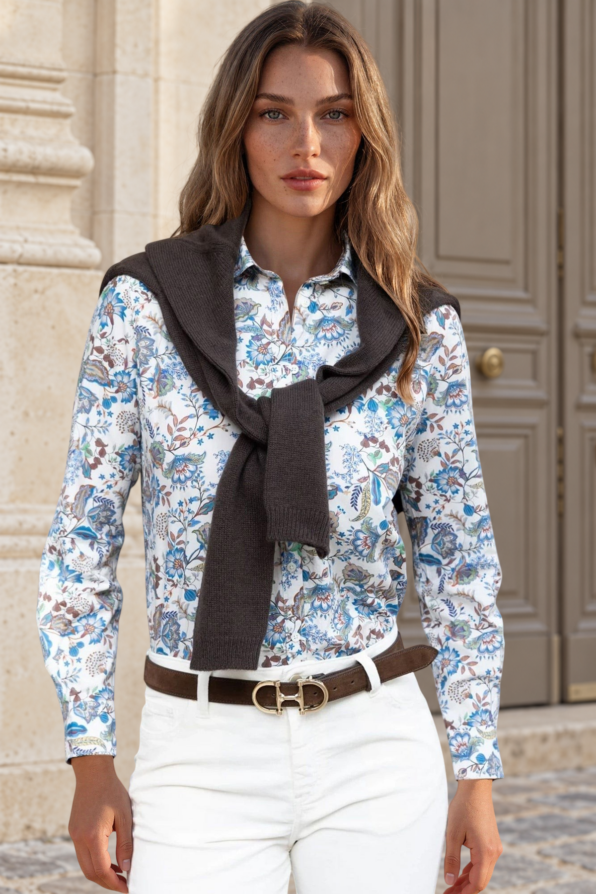 Chemisier Canelle en coton – Fleurs Bleu Marron-CHEMISIER FEMME-Curling-Paris