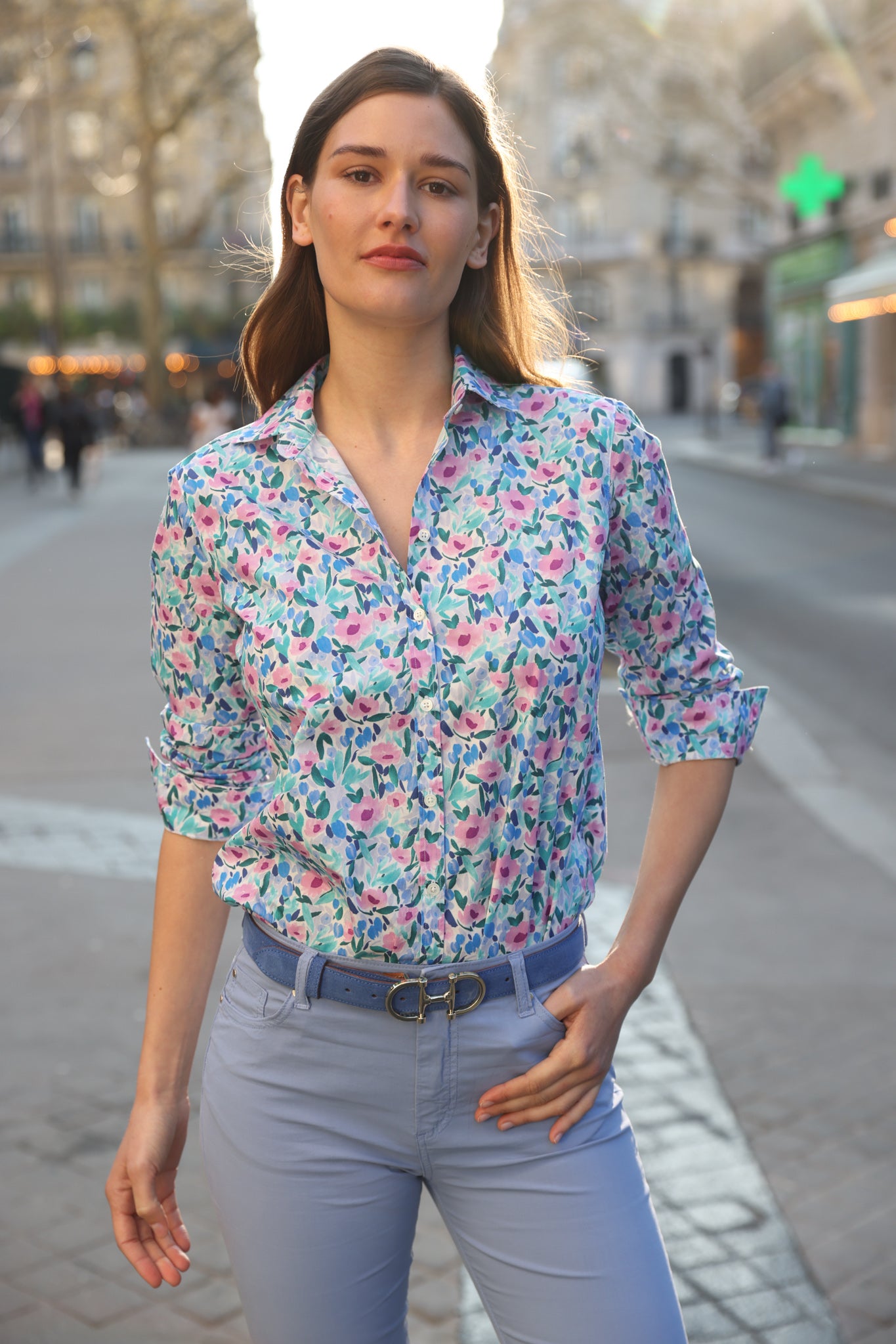 Chemisier Canelle en coton - Fleurs bleu-CHEMISIER FEMME-Curling-Paris