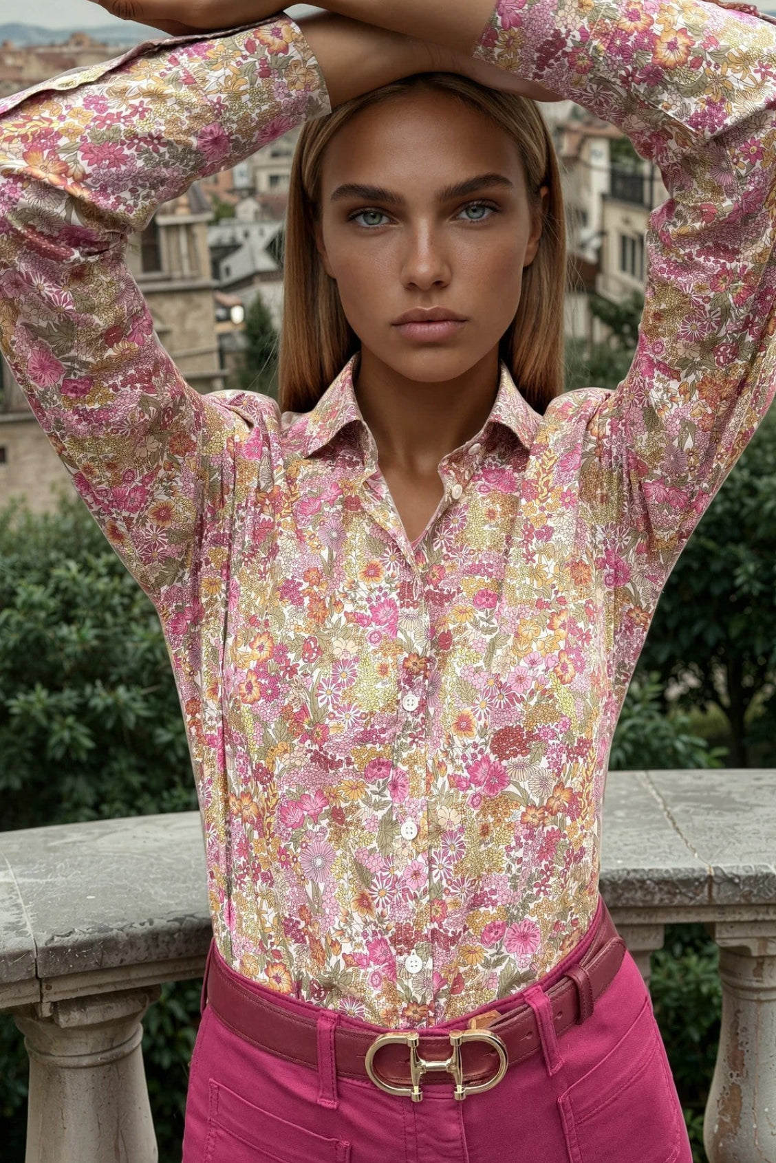 Chemisier Canelle en coton Liberty of London - Fleurs Roses et Kaki-CHEMISIER FEMME-Curling-Paris