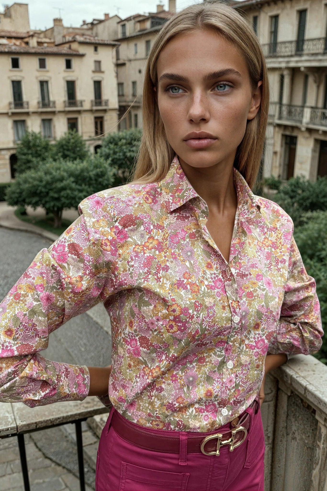 Chemisier Canelle en coton Liberty of London - Fleurs Roses et Kaki-CHEMISIER FEMME-Curling-Paris