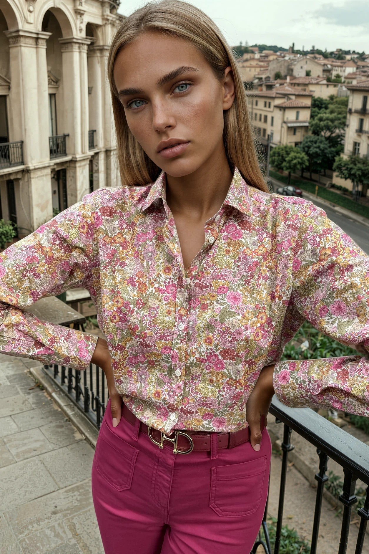 Chemisier Canelle en coton Liberty of London - Fleurs Roses et Kaki-CHEMISIER FEMME-Curling-Paris