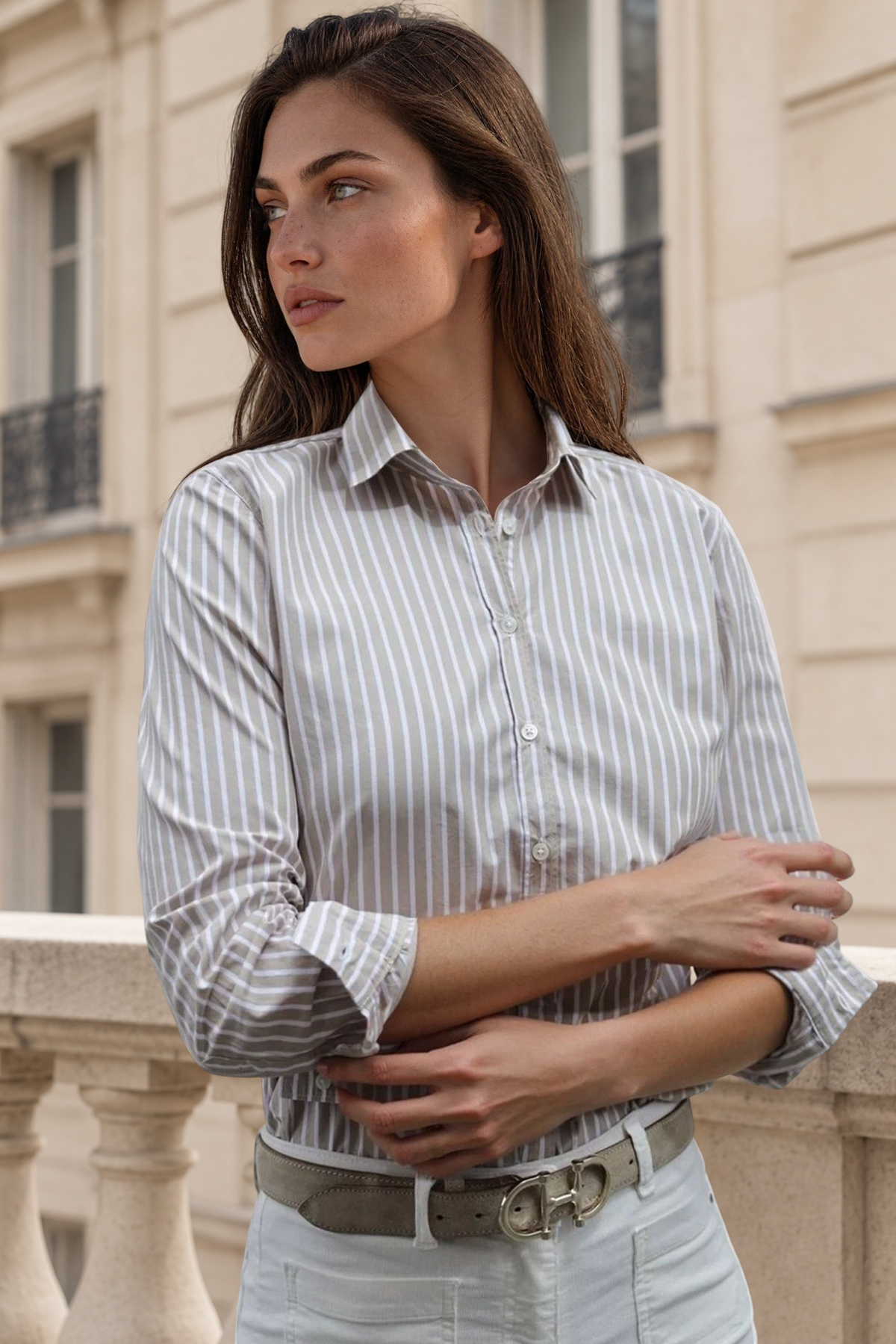 Chemisier Canelle en coton - Rayure Beige-CHEMISIER FEMME-Curling-Paris