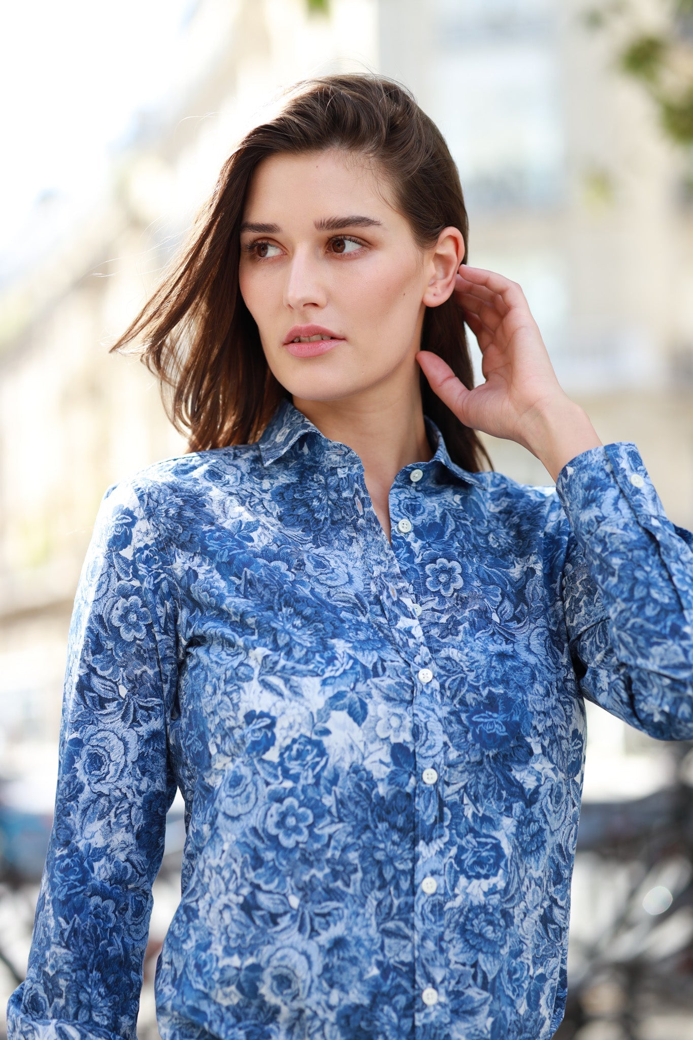 Chemisier Canelle en coton imprimé jacquard - Bleu-CHEMISIER FEMME-Curling-Paris