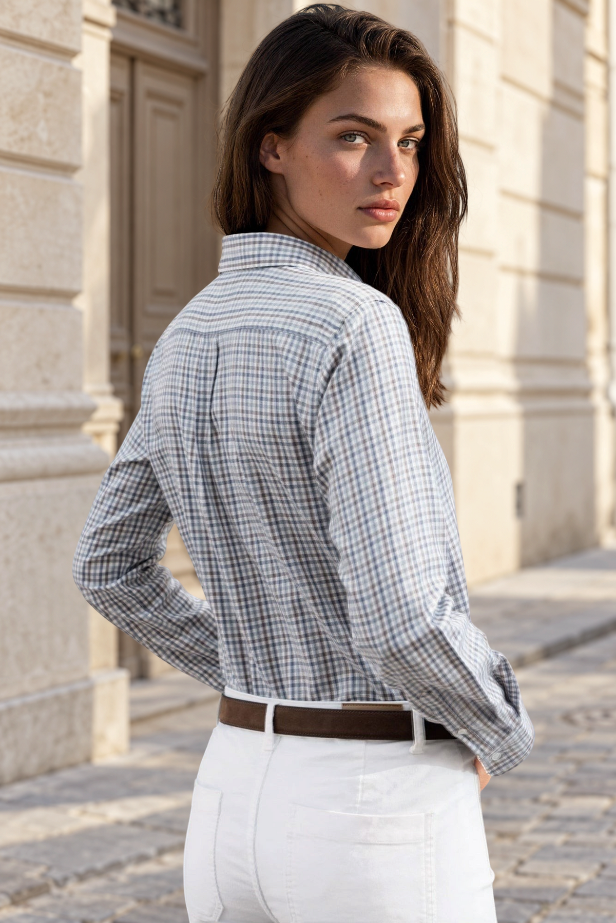 Chemisier Canelle en coton organic et tencel à carreaux - Gris/Marron-CHEMISIER FEMME-Curling-Paris