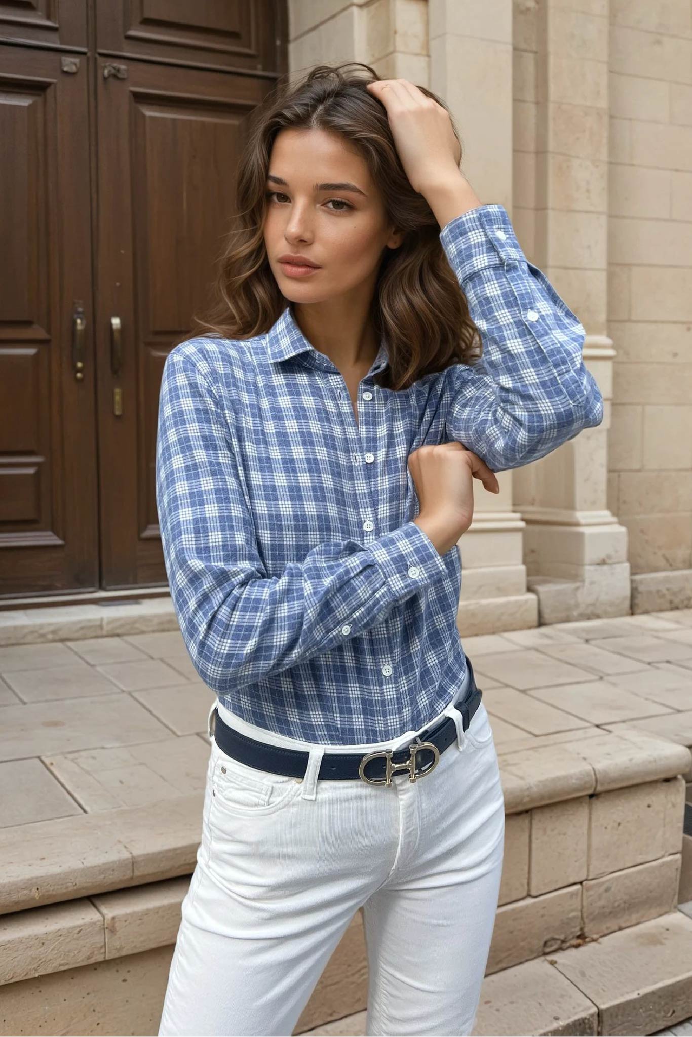 Chemisier Canelle en flanelle de coton - Carreaux ciel-CHEMISIER FEMME-Curling-Paris