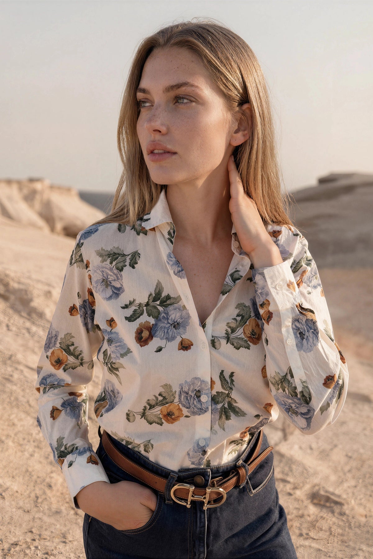 Chemisier Clémence en coton Liberty of London - Ecru, ciel et ocre-CHEMISIER FEMME-Curling-Paris