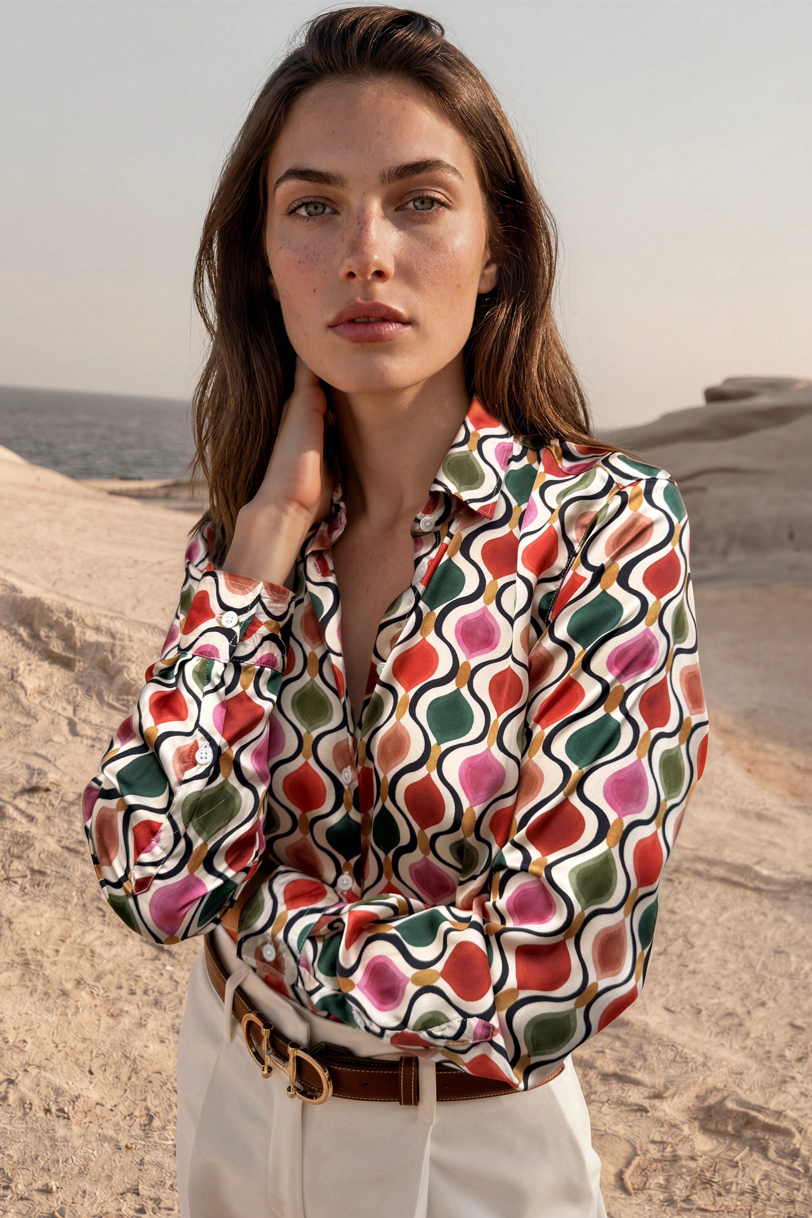 Chemisier Clemence imprimé soyeux - Beige, rouge et vert-CHEMISIER FEMME-Curling-Paris